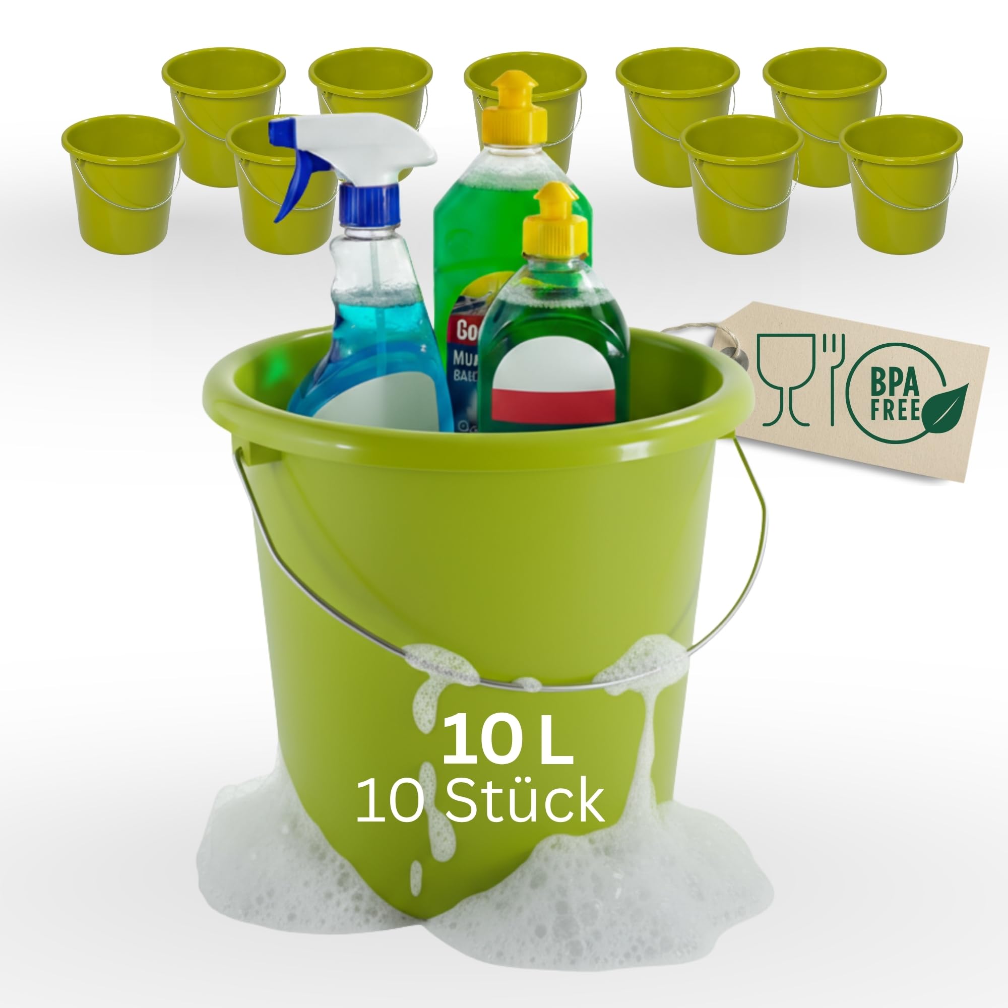 Novaliv 10 Stück Eimer 10L Grün mit Maßeinteilung - Putzeimer 10 Liter ? 28,5 cm Praktischer Allrounder mit Skala für Haushalt & Garten ideal als Haushaltseimer, Wassereimer, Wischeimer, Bucket