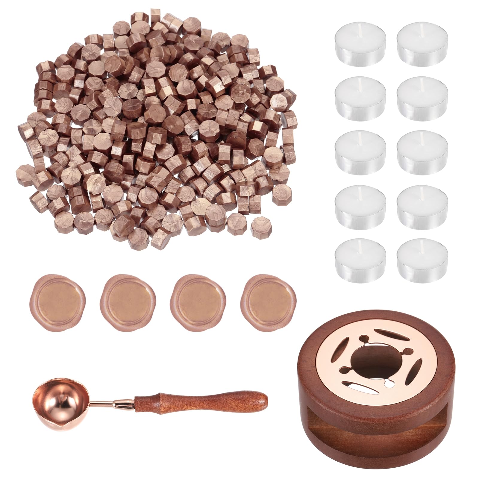 PATIKIL Wax Seal Kit, 300 Pcs Wax Sealing Beads, Wooden Warmer, Melted Spoon, 10 Pcs Tealight Candles for Envelope Letter Mailing Crafts DIY, Orange Gold