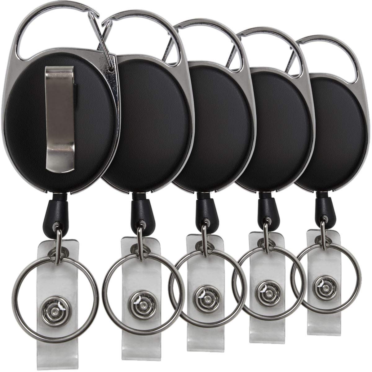 iGadgitz Home U6925 - Retractable ID Badge Holder Belt Clip Carabiner Reel Badge Holder with 70cm / 27.6 Inches Wire, Pack of 5 - Black