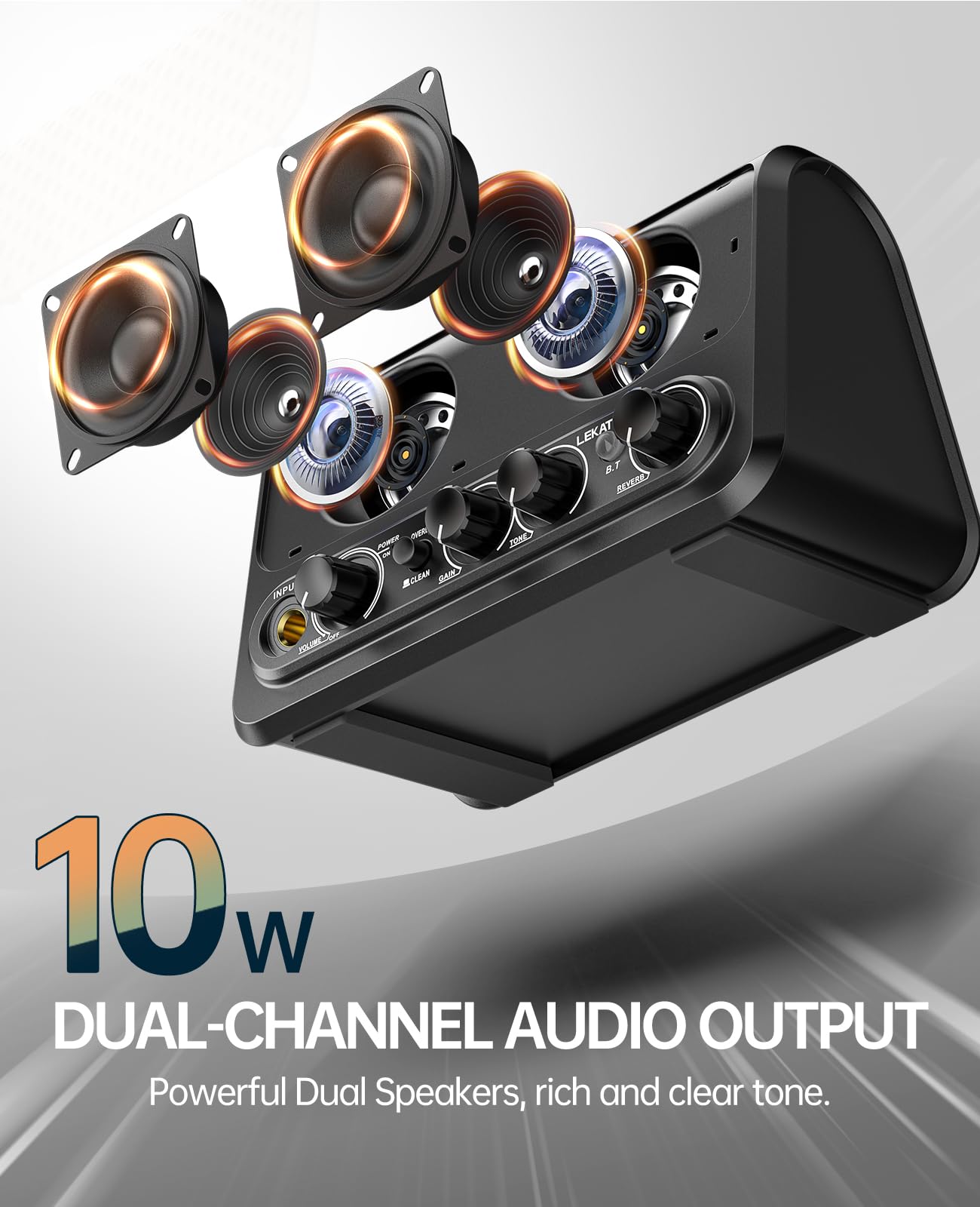 LEKATO Mini amplificateur de Guitare électrique Portable 10 W avec Canal Clean & Overdrive, réverbération et connectivité Bluetooth (Noir-Orange)