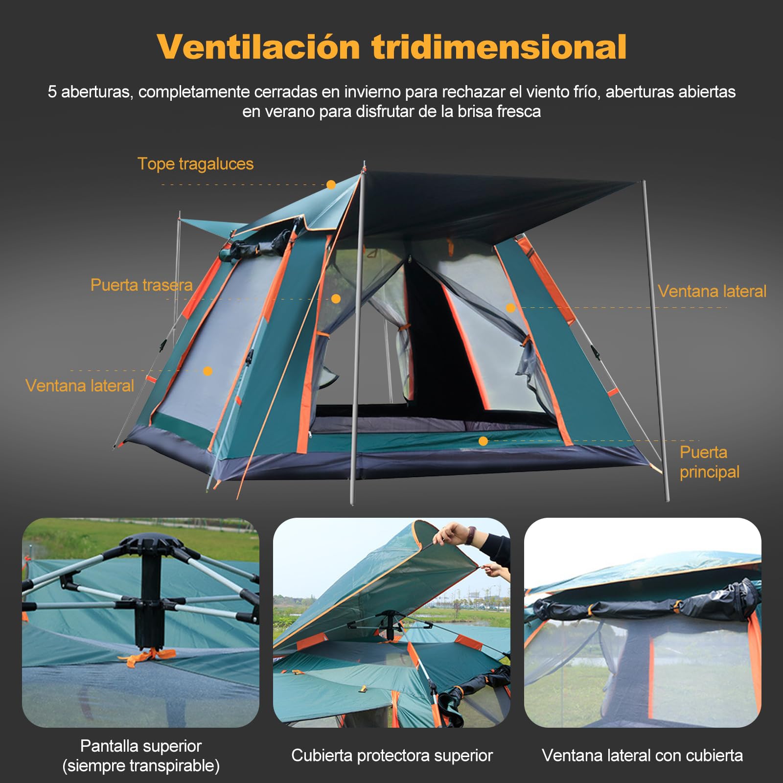 Ergocar Tienda de Campaña 3-4 Personas Tienda de Camping Ligero Impermeable Anti Viento Exteriores Tienda de Campaña para Senderismo Festival Camping Mochila