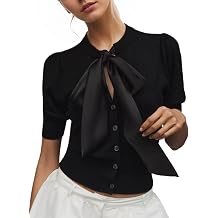 Burtell Bow Short Sleeve Sweaters for Women Puff Sleeve Tie Front Button Down Cropped Cardigan Sweater Summer Fall Knit Tops