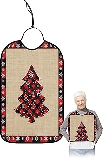 BOBOWUNY Christmas Tree Adult Bibs for Elder Women Men Eating, Red Black Plaid Xmas Tree Winter Snowflake Waterproof & Washable Bibs for Eating Clothing Protector Dining Bibs for Crumb Catcher