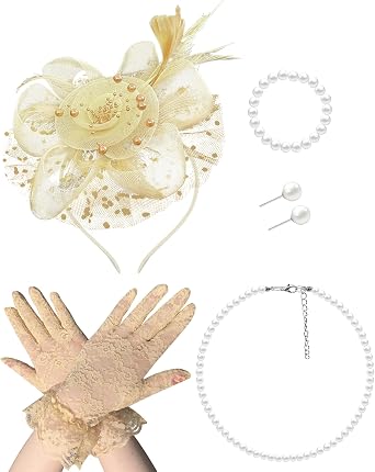 Girls Tea Party Fascinators Hats with Lace Gloves Pearl Necklace Earring Jewelry for Tea Party Wedding Accessories