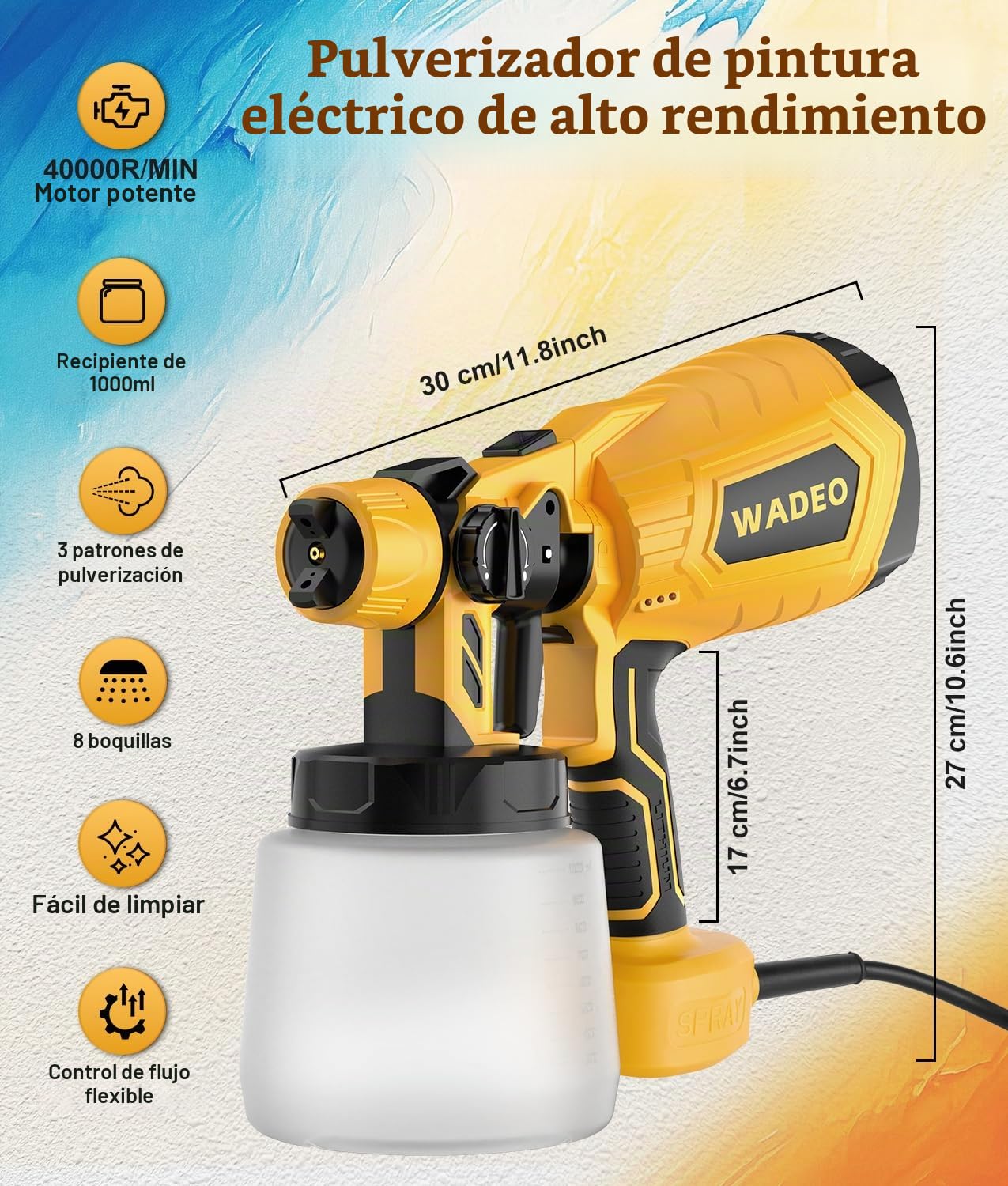 WADEO Pulverizador de Pintura HVLP 800 W, Pulverizador Eléctrico con 8 Boquillas & 3 Patrones, 1000 ml, Flujo y Ángulo de Rociado Ajustables, para Vallas, armarios, Paredes, techos, Muebles, jardín
