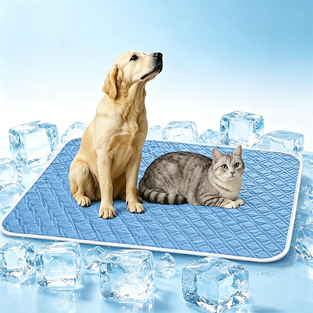 Cooling Mat for Cats - 2026 New Soft Large Cool Pad, Non-Slip Mesh Bottom, Self Ice-Silk Polyester, Waterproof, Easy Clean, for Dog Crate, Car, Outdoor (Blue, M（70x50cm）)