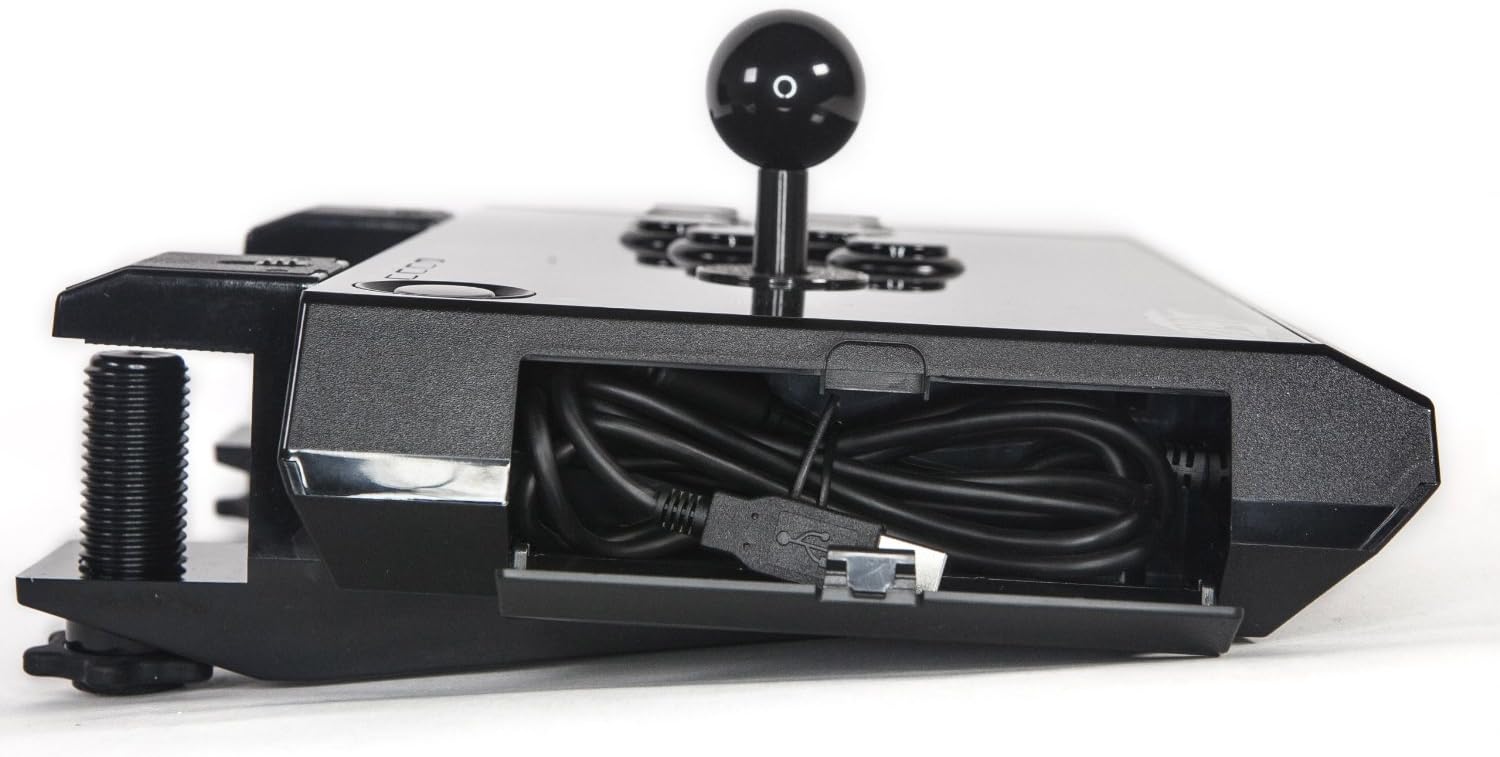 lateral view of the Qanba Q1 Joystick showing the open compartment with the USB cable neatly stored inside.