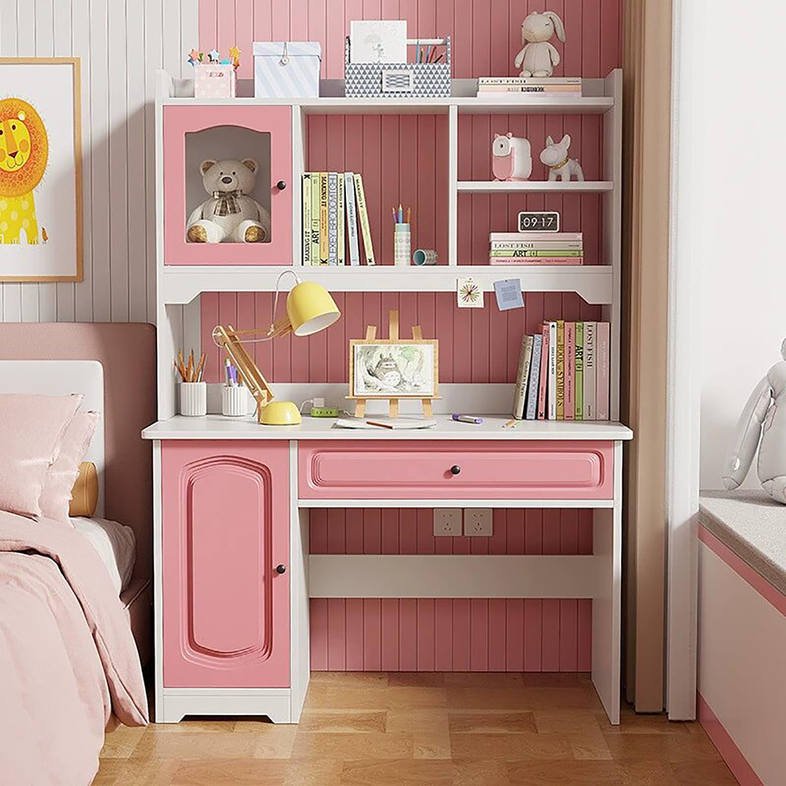 SUZEPER Study Desk with Hutch & Bookshelf & Drawers,Cute Wooden Computer Desk Home Office Desk Teenager Writing Table Bookshelf Combo for Girl Boy(
