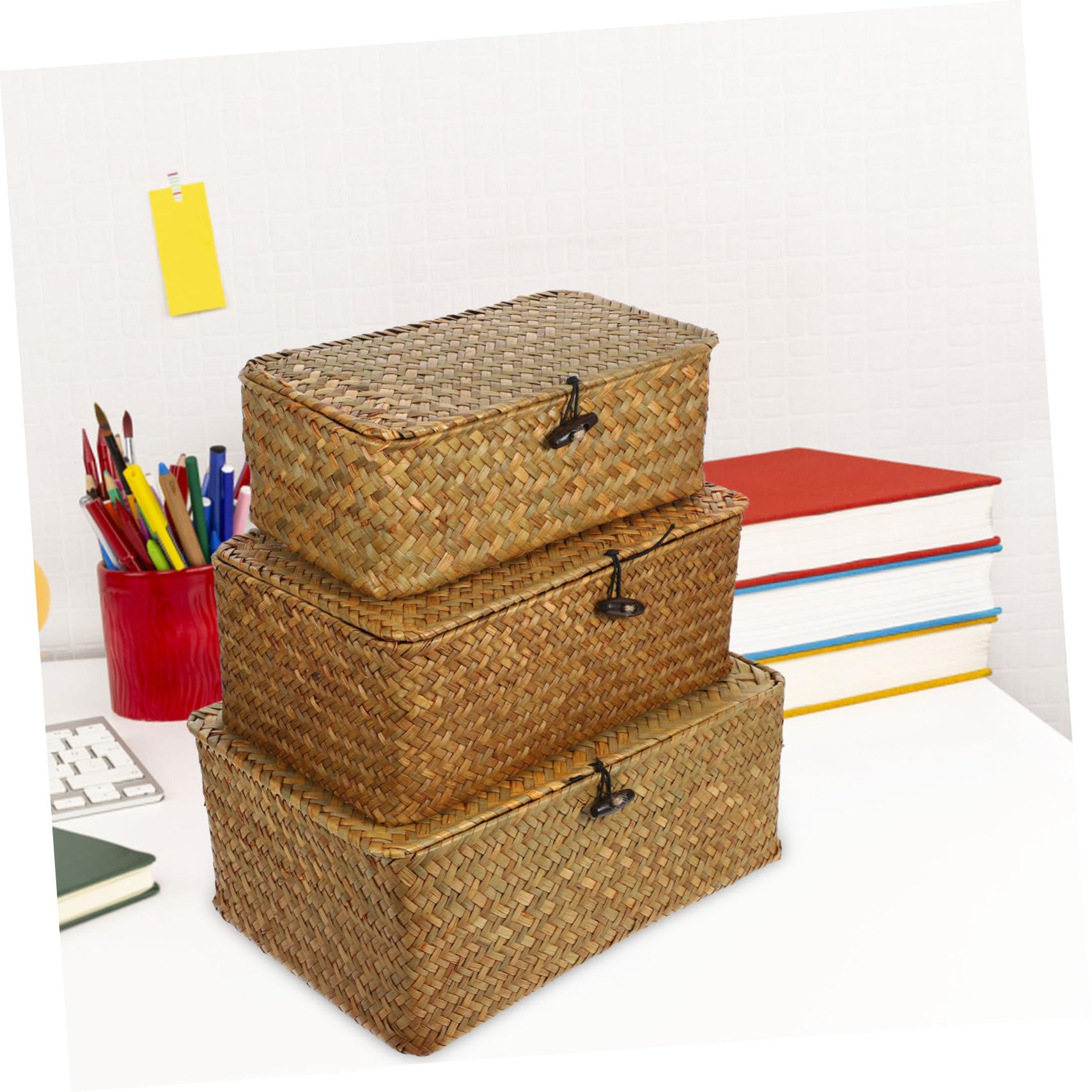 VICASKY Set da 3 Scatole Portaoggetti Intrecciate in Paglia con Coperchio per Organizzare Casa, Stile Naturale Rustico con Funzione di Archiviazione e Fragranza Naturale