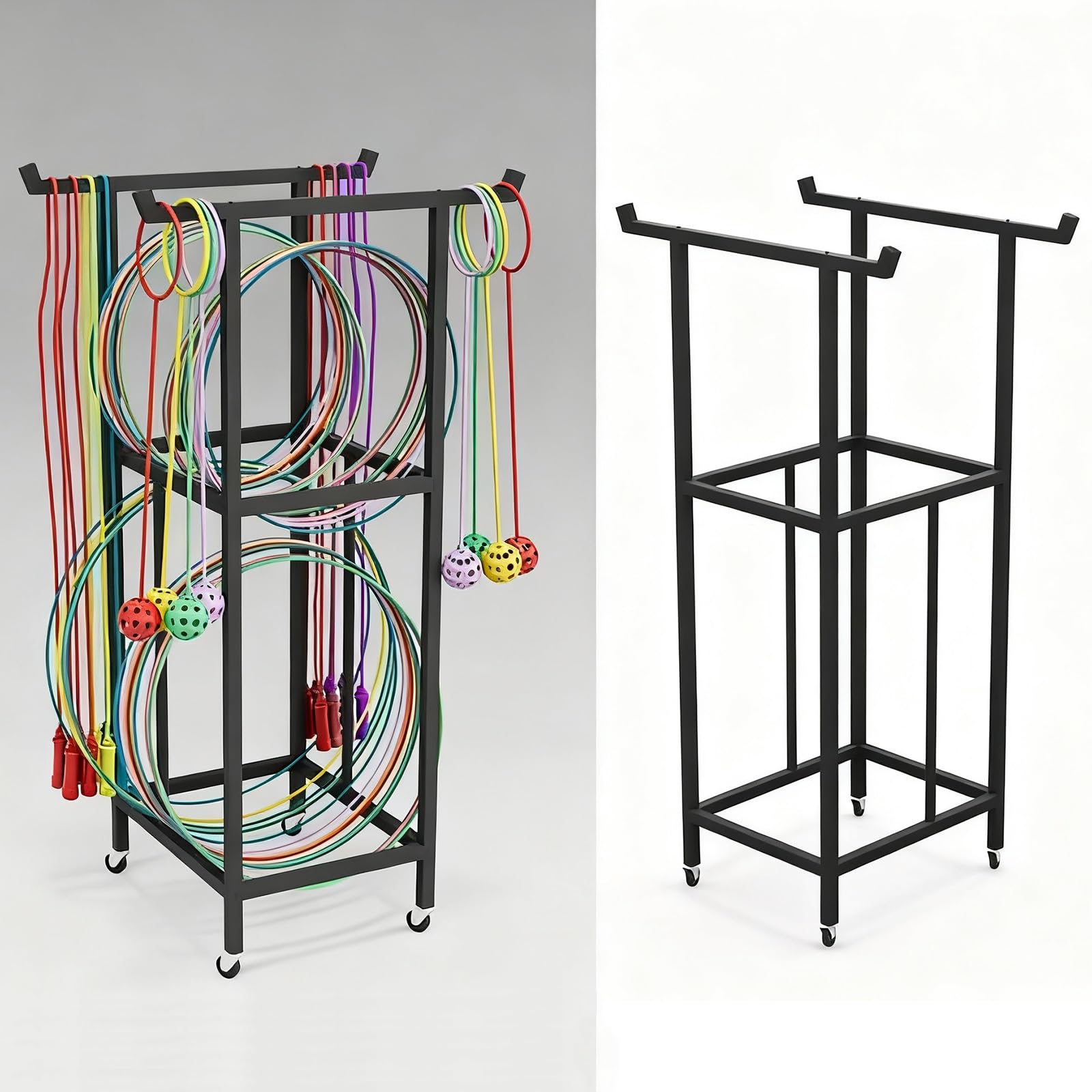 Hula Hoop Wielofunkcyjny uchwyt na obrożę, metalowy stojak na kółkach gimnastycznych, organizator Hula Hoop i skakanka.