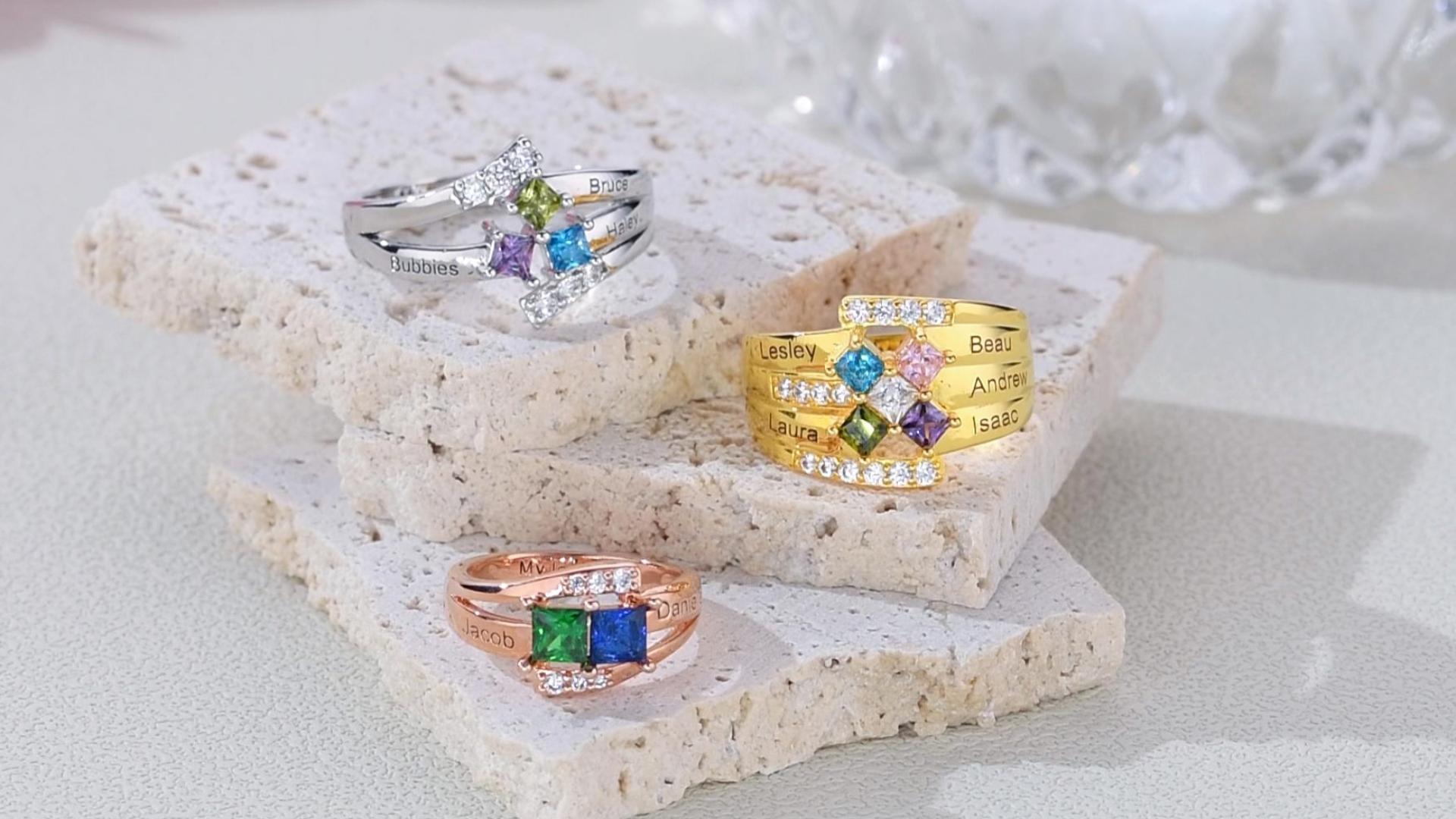 Personalized Mother's Ring With Simulated Birthstones & Heart Design - Custom Name & Date Engraving (Size 7) - View #12