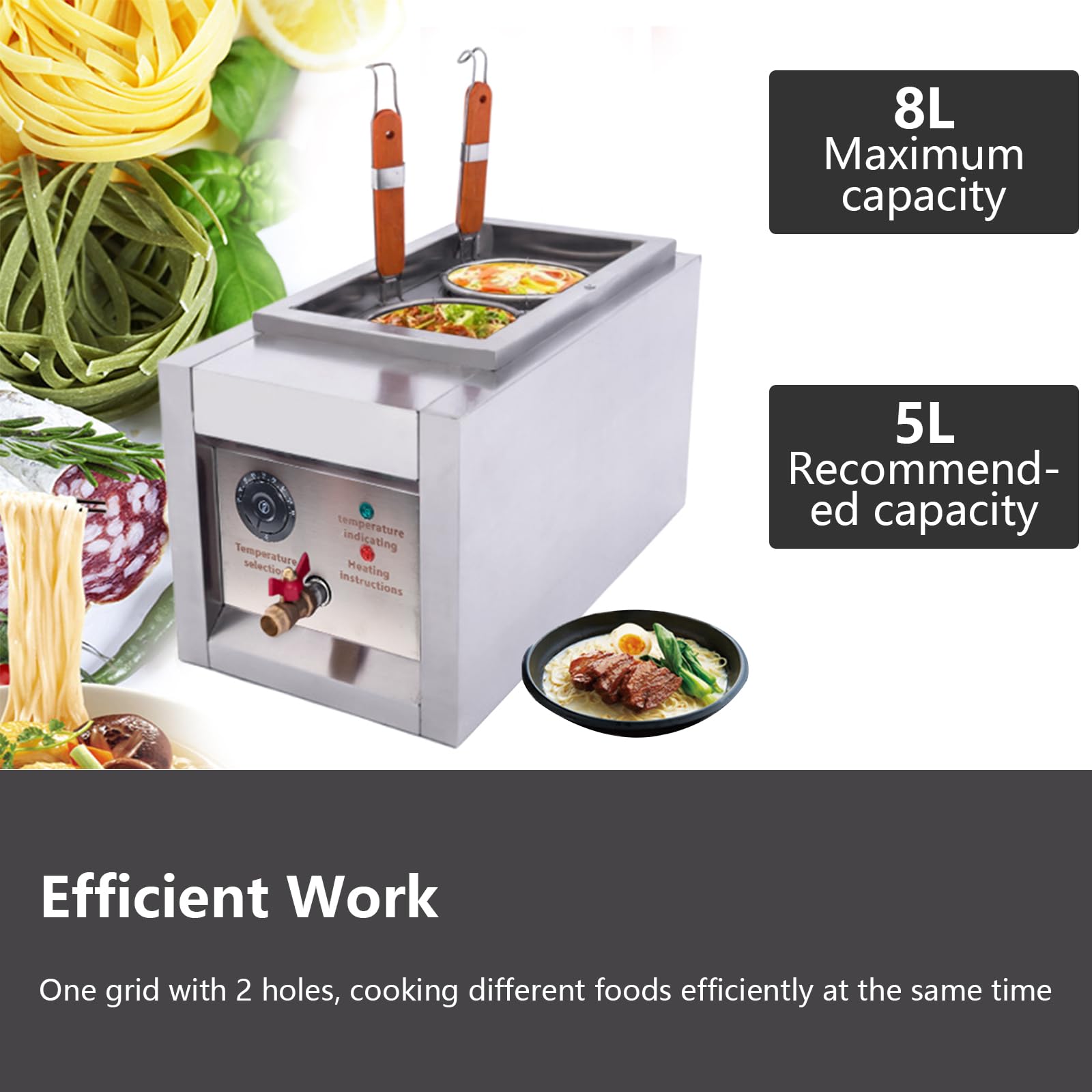 Bollitore elettrico per pasta e pasta a 2 fori Cuocipasta commerciale Cuocipasta da tavolo Alta efficienza Controllo preciso della temperatura Design in acciaio inossidabile Ideale per ristoranti, bu