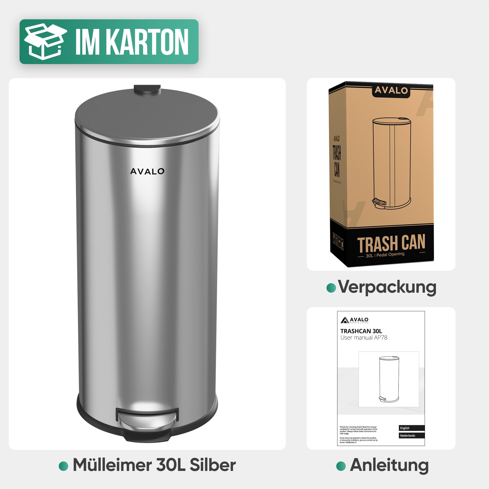 Avalo Treteimer 30L - Edelstahl Silber - Soft Close - Abfalleimer 30 Liter - Mülleimer 30 Liter