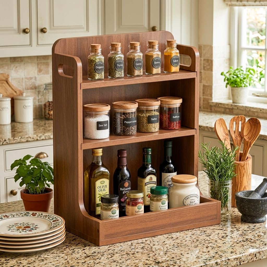 Solid Wood 3-Tier Spice Rack Countertop Organizer Kitchen Storage Shelf