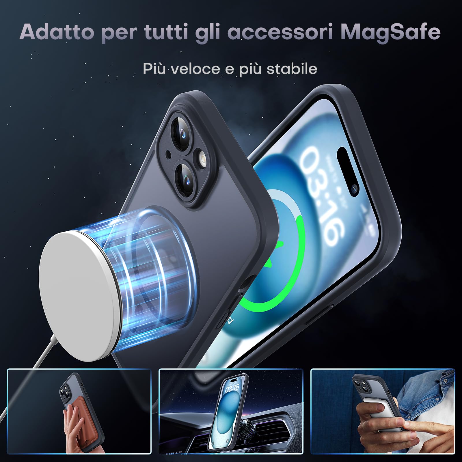 TOCOL Cover Magnetica per iPhone 15 6,1 Pollic, Compatibile con MagSafe, Protezione Fotocamera Integrata, Custodia Antiurto Traslucida Opaca, Nero