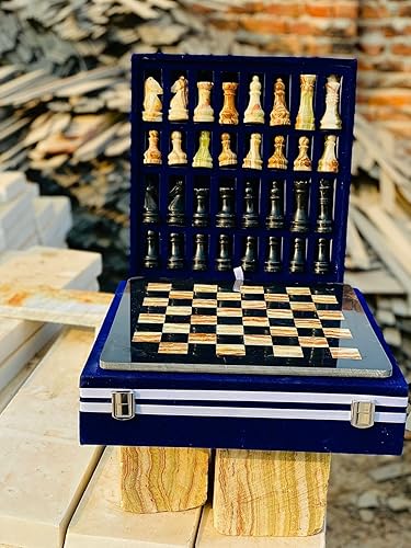 NB - Juego de ajedrez de mármol hecho a mano de 12 pulgadas con caja de regalo de terciopelo azul, elegante tablero de ajedrez de piedra con juego