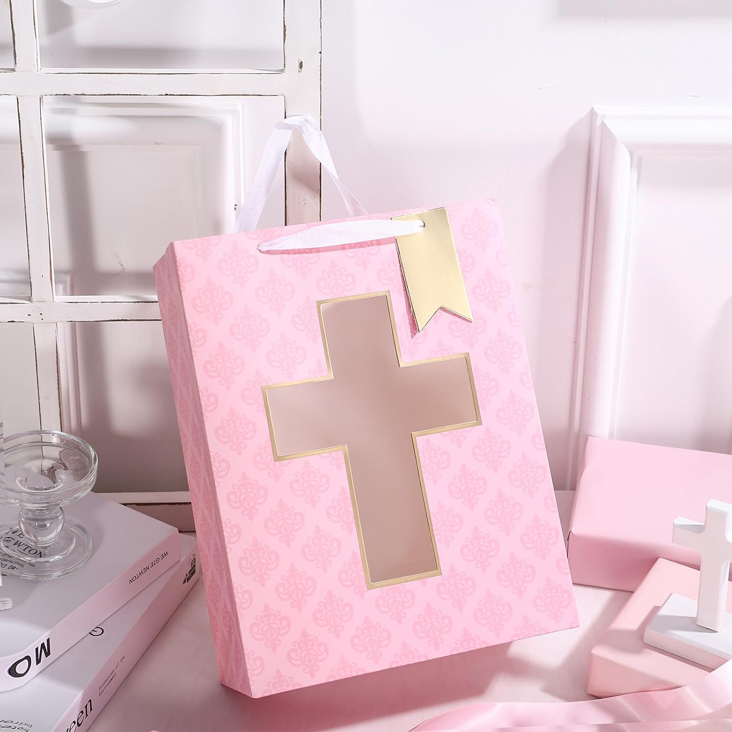 Loveinside Gift Bag with Pink Pattern and Cross Design, Tissue Paper for Baby Girl Baptisms, Christenings, First Communions Religious Occasion - 10" x 5" x 13", 1 Pcs image 5