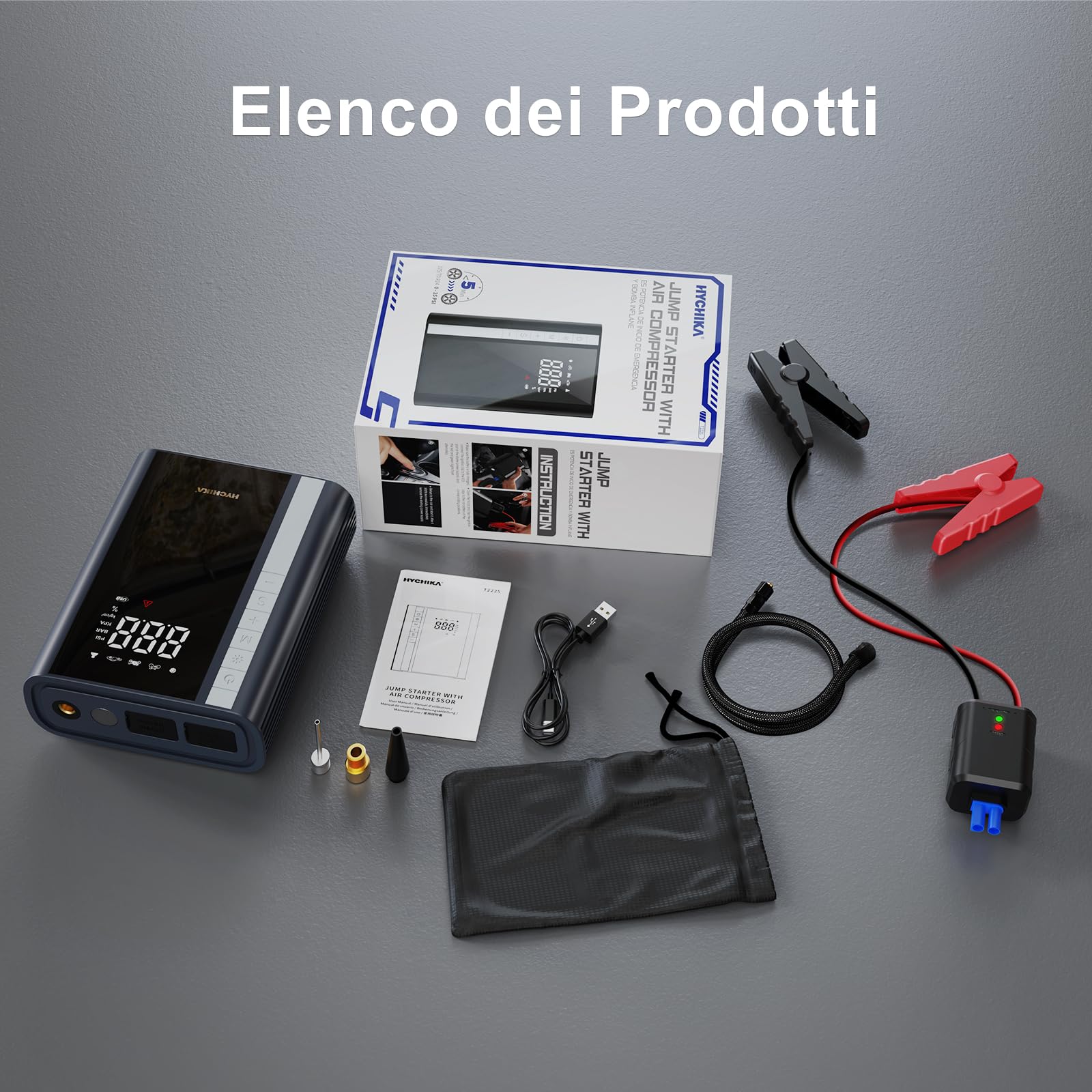 HYCHIKA Avviatore Batteria Auto 1500A - Avviatore Emergenza con Compressore,Booster Avviamento Auto/Moto Portatile (Fino a Tutti i Benzina e 4L Diesel),Doppia USB,600 Lumen LED