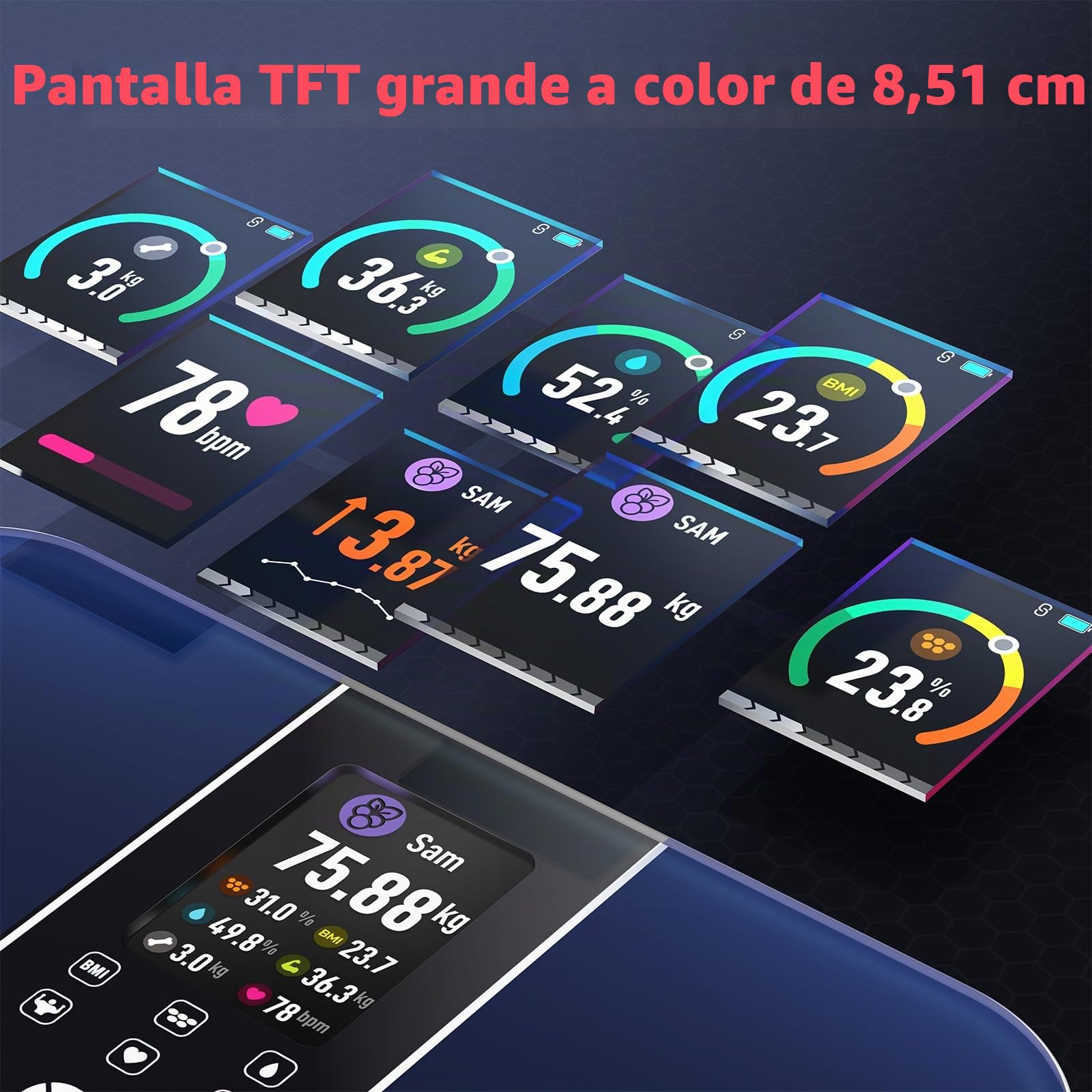 Lepulse Báscula digital para personas de 3,35 pulgadas, TFT, pantalla grande, báscula digital con grasa corporal y masa muscular, báscula BIA con aplicación, 22 datos de medición, frecuencia cardíaca
