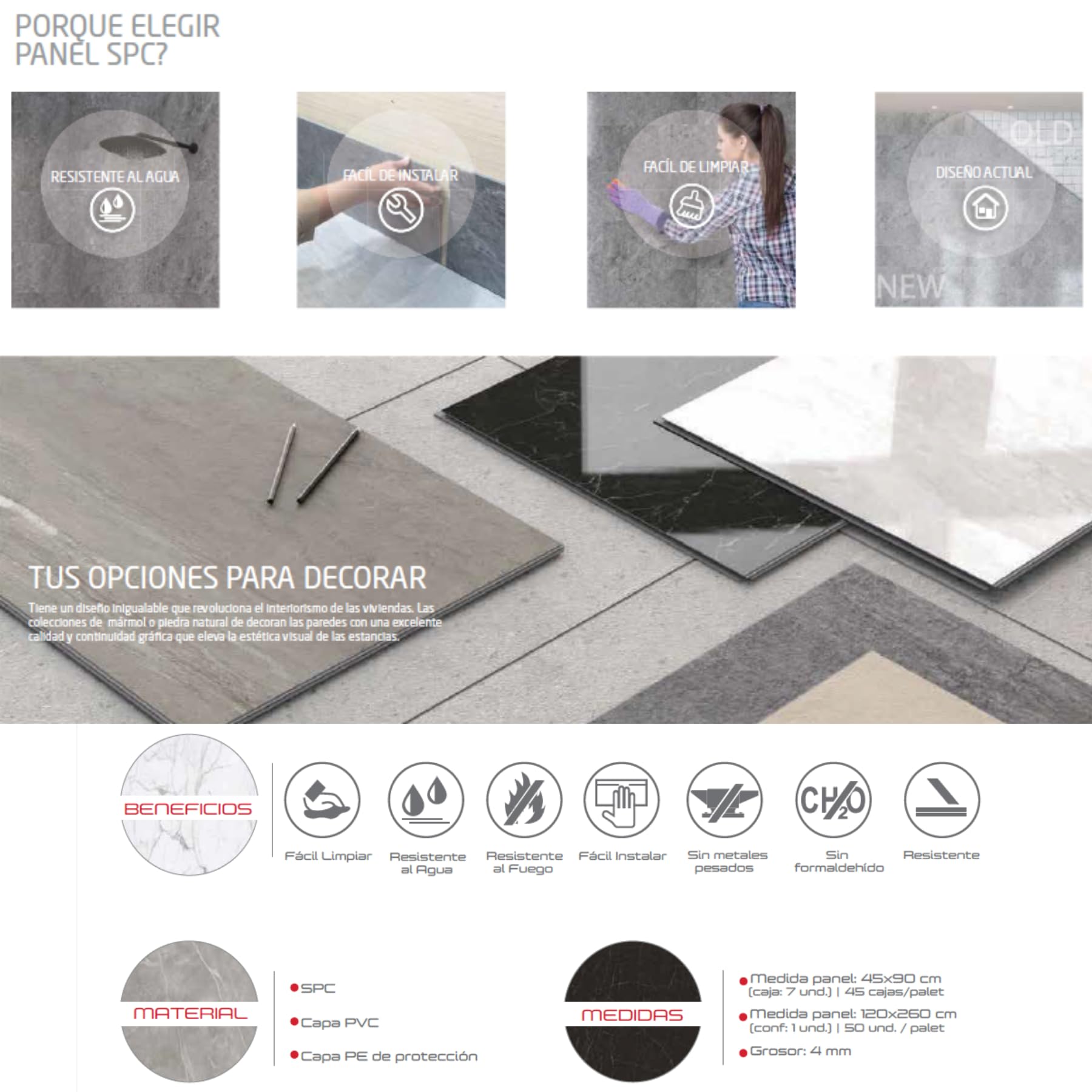 Panel SPC Decorativo de Pared 4 mm, Revestimiento Interior Impermeable Imitación Mármol o Piedra Natural, Panel Ligero Fácil de Instalar y Limpiar para Baño (Blanco, 120 x 260 cm, Mármol)