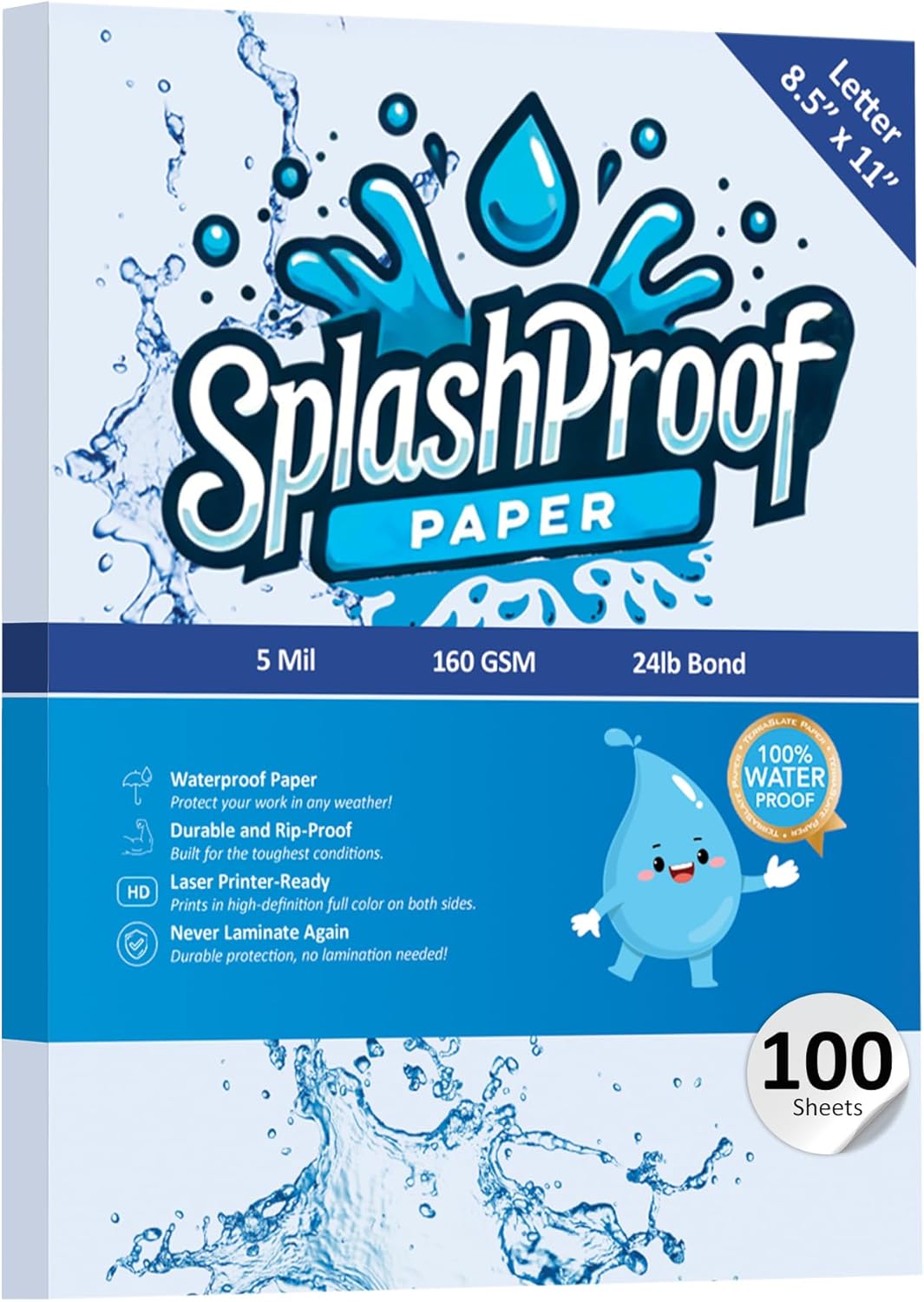 Printer Paper - 8.5" x 11", 5 Mil Waterproof Paper, Laser Printer & Copy Machine Compatible (8.5" x 11" - Letter, 100 Sheets)