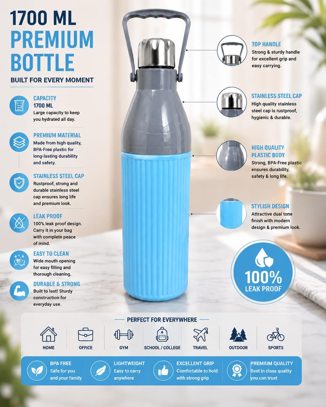 Large Insulated Water Bottle - 1700ml Cold Water Bottle -5