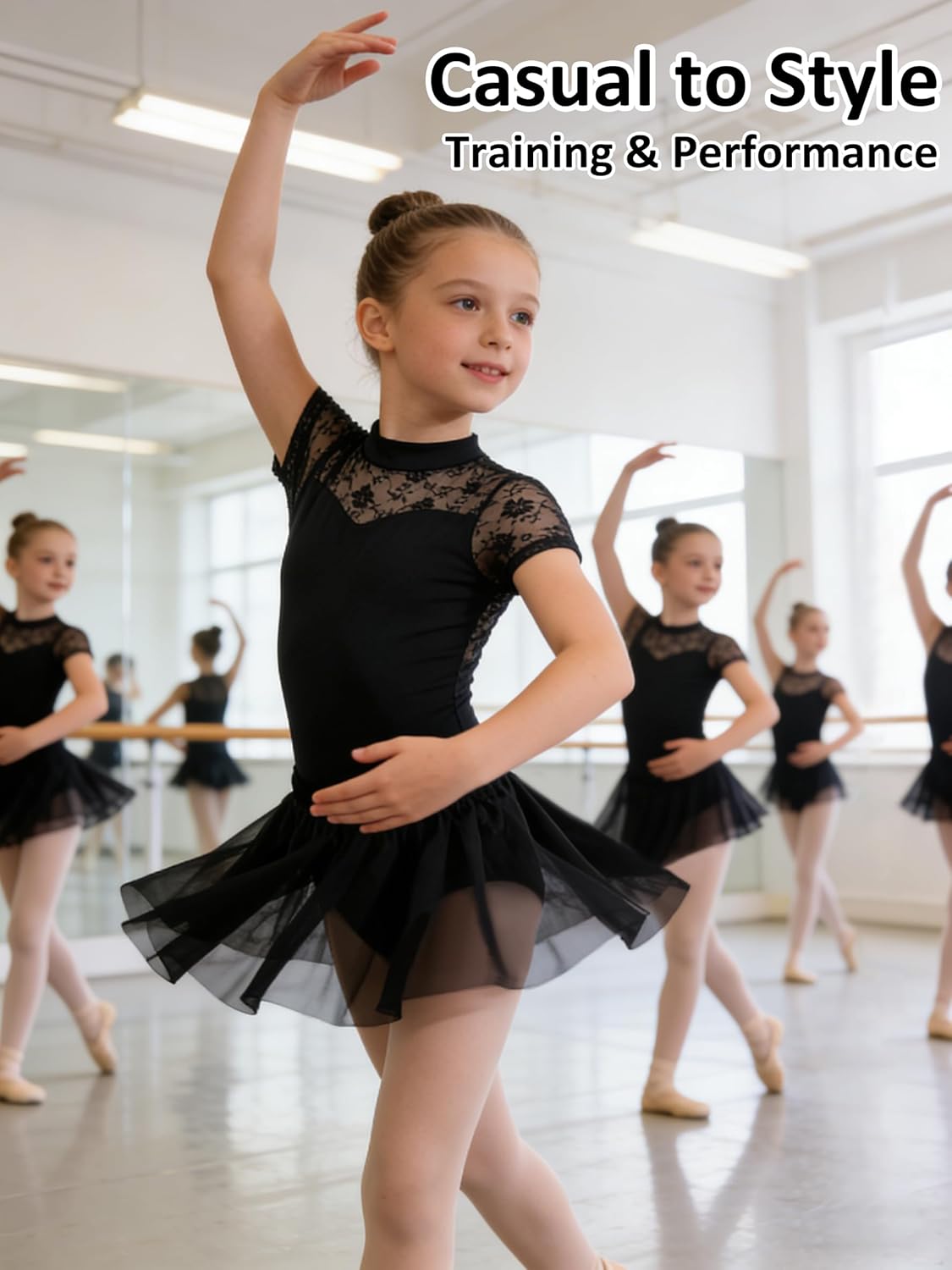 Black Leotard for Girls Lace Short Sleeve Dance Outfit with Skirt,Ballet Tights,Gymnastic Hair Scrunchies - Image 4