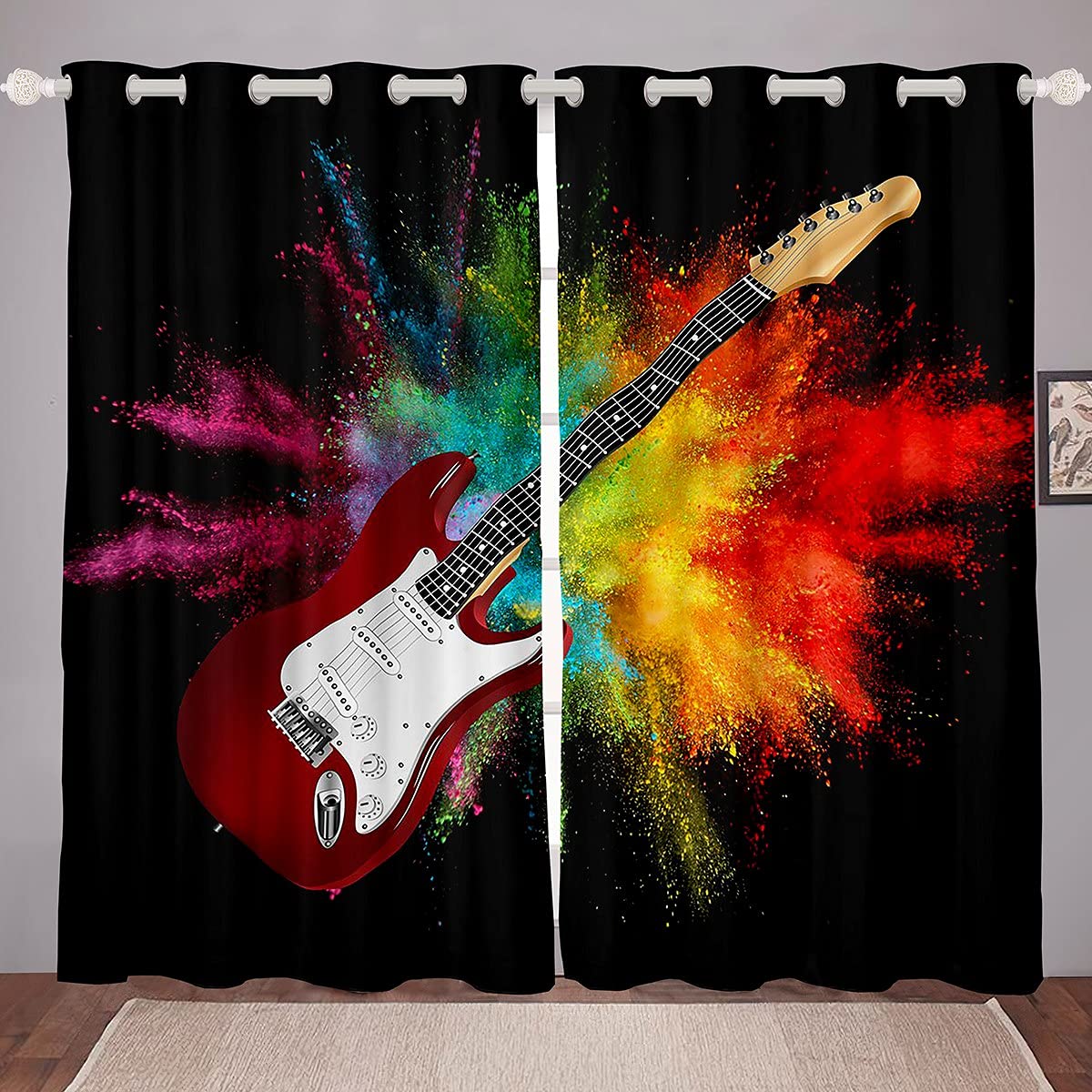 Homewish Guitar Curtains 46"X54" For Kids Teens Adults Rock Music Theme Window Curtains Hiphop Electric Guitar Window Treatments Curtains Rainbow Tie Dye Window Drapes 2 Panel Set Black