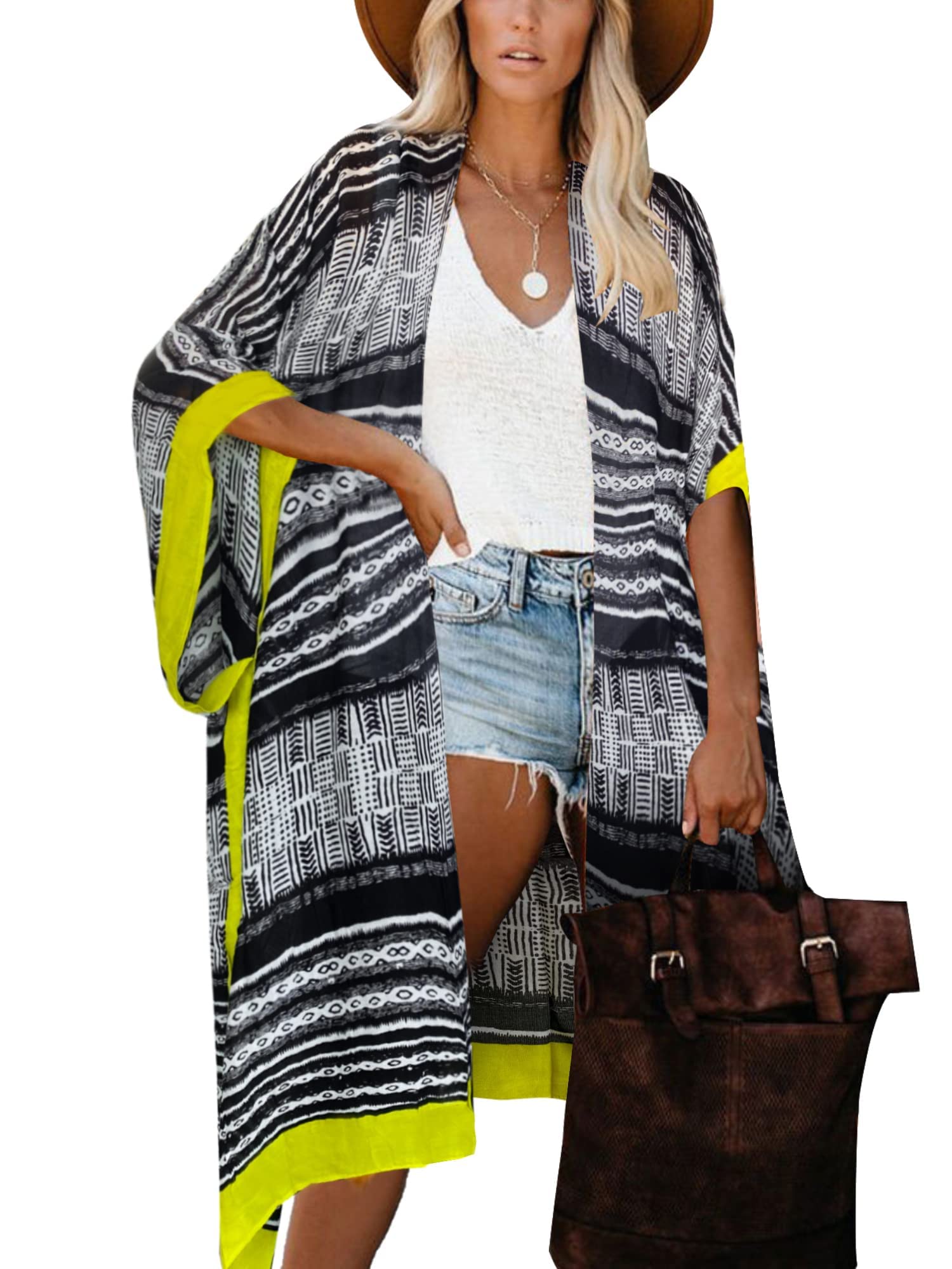 HIKAROWomen Long Kimono Floral Cardigans Beach Bikini Cover Up Sarongs Print Boho Cardigan Open Front Loose Shawl Blouse Summer for Ladies