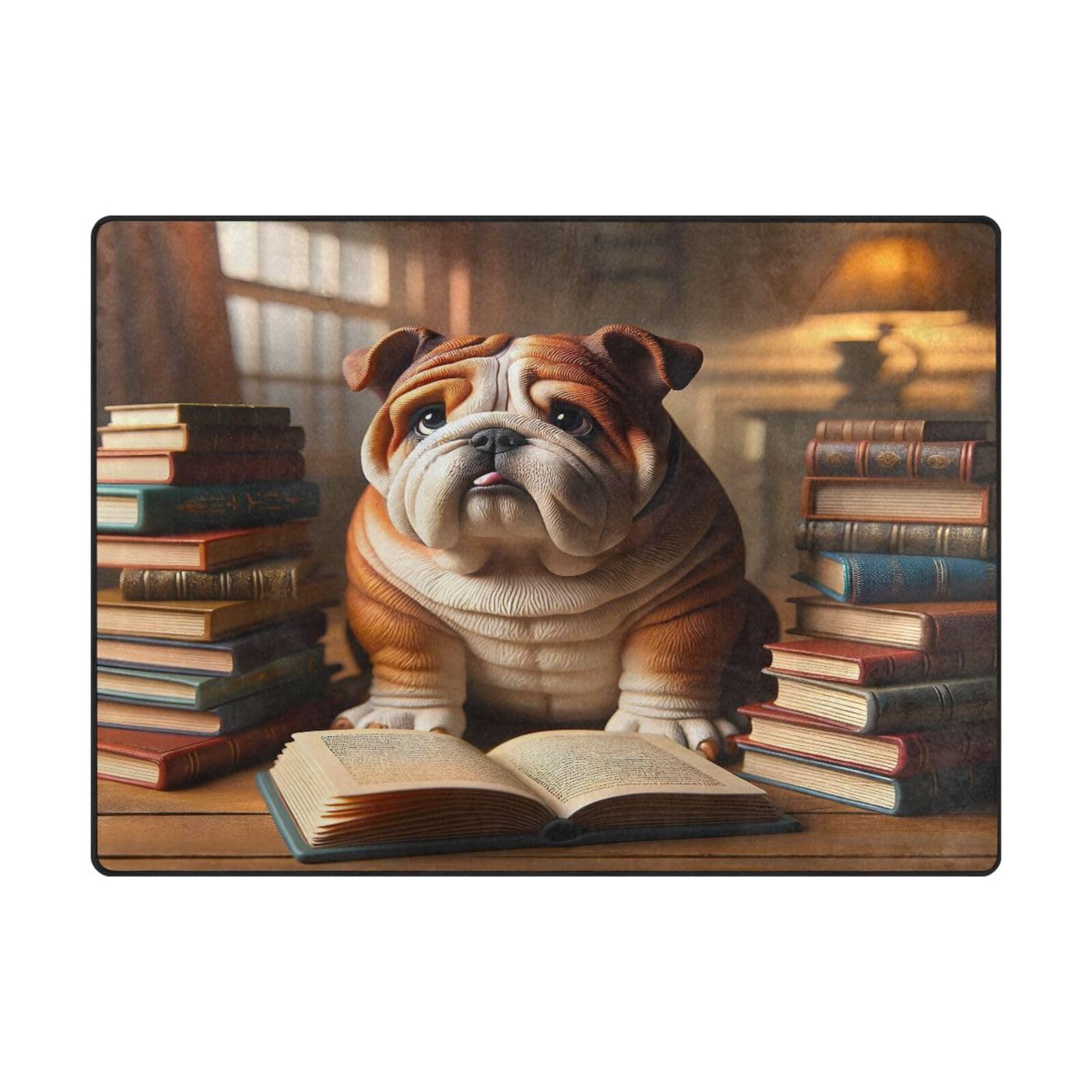 ALAZA Cute Bulldog Bookshelf Library 3D Area Rug Rugs for Living Room Bedroom 5'3