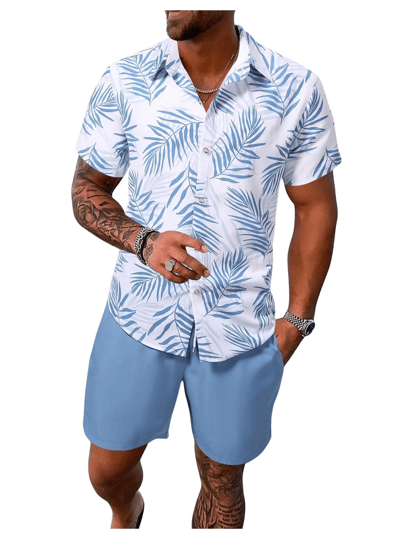 WDIRARA Men's Hawaiian Matching Set Summer Beach 2 Piece Outfits Tropical print Shirts and Shorts