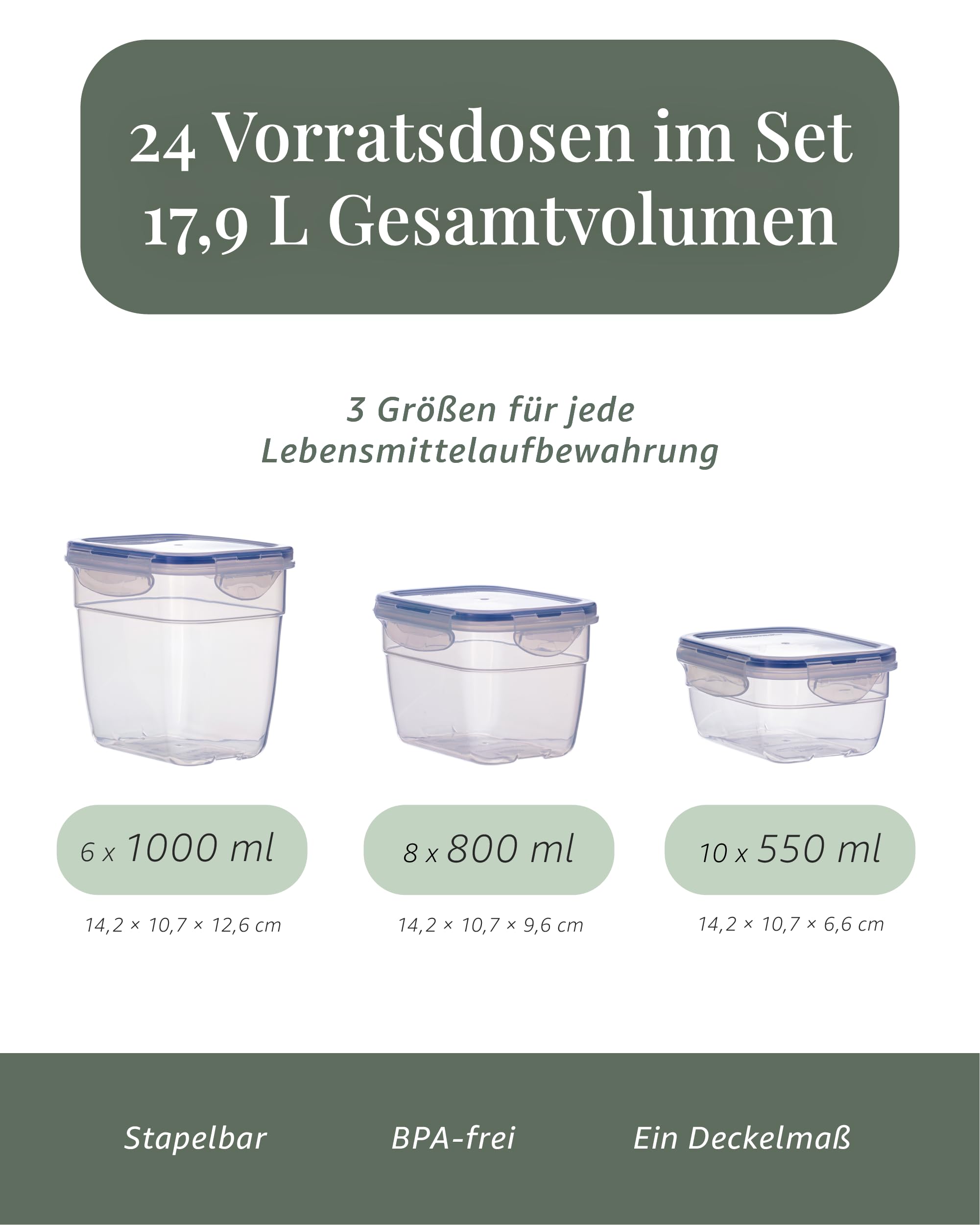 Nest24 Küchen Organizer Set – 24 LocknLock-Vorratsdosen luftdicht mit Deckel, stapelbare Aufbewahrungsboxen für Lebensmittel, Schubladen-Ordnungssystem Küche & Küchenschrank