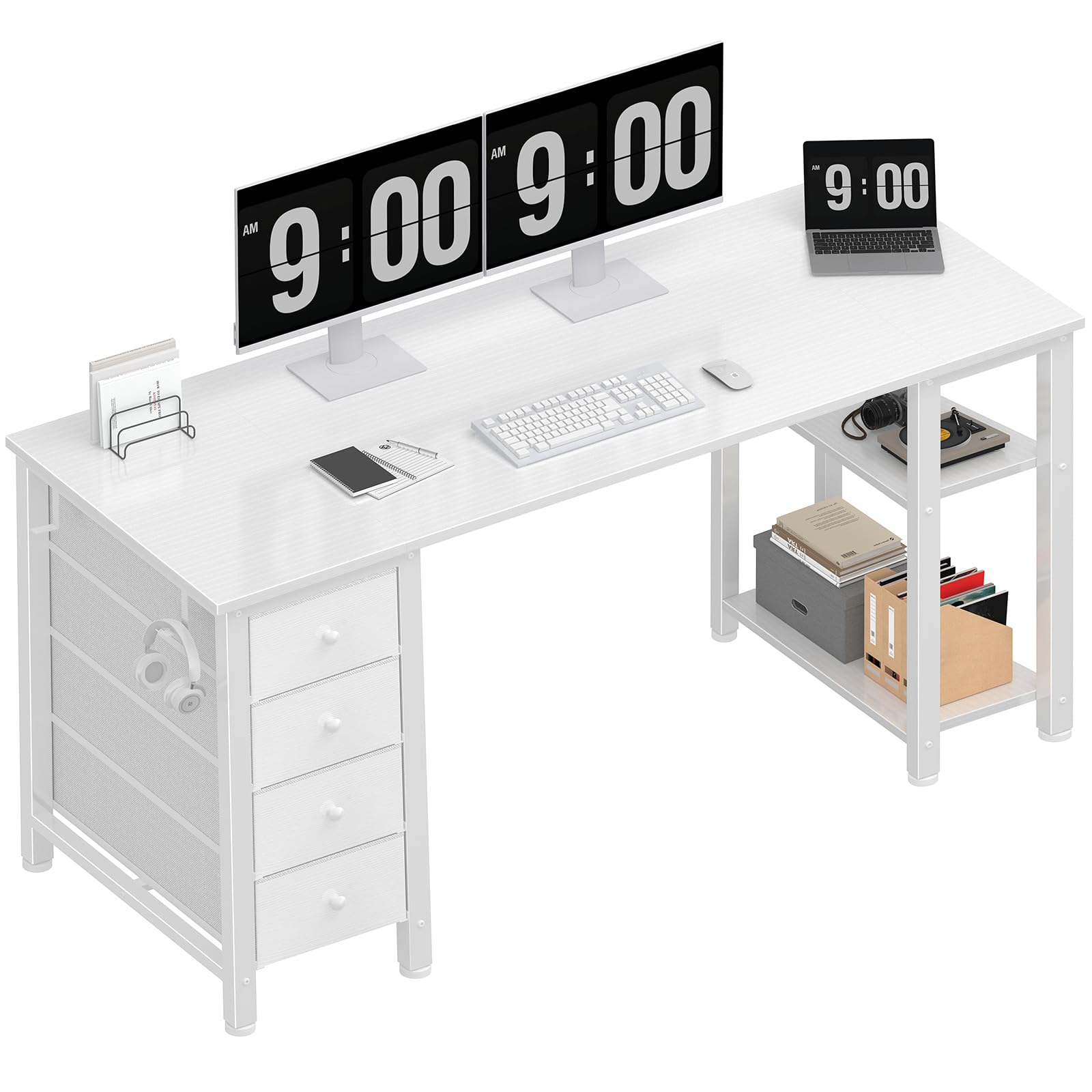 Lufeiya White Computer Desk with Fabric Drawers Storage Shelves 63 Inch Study Work Writing Desk for Home Office