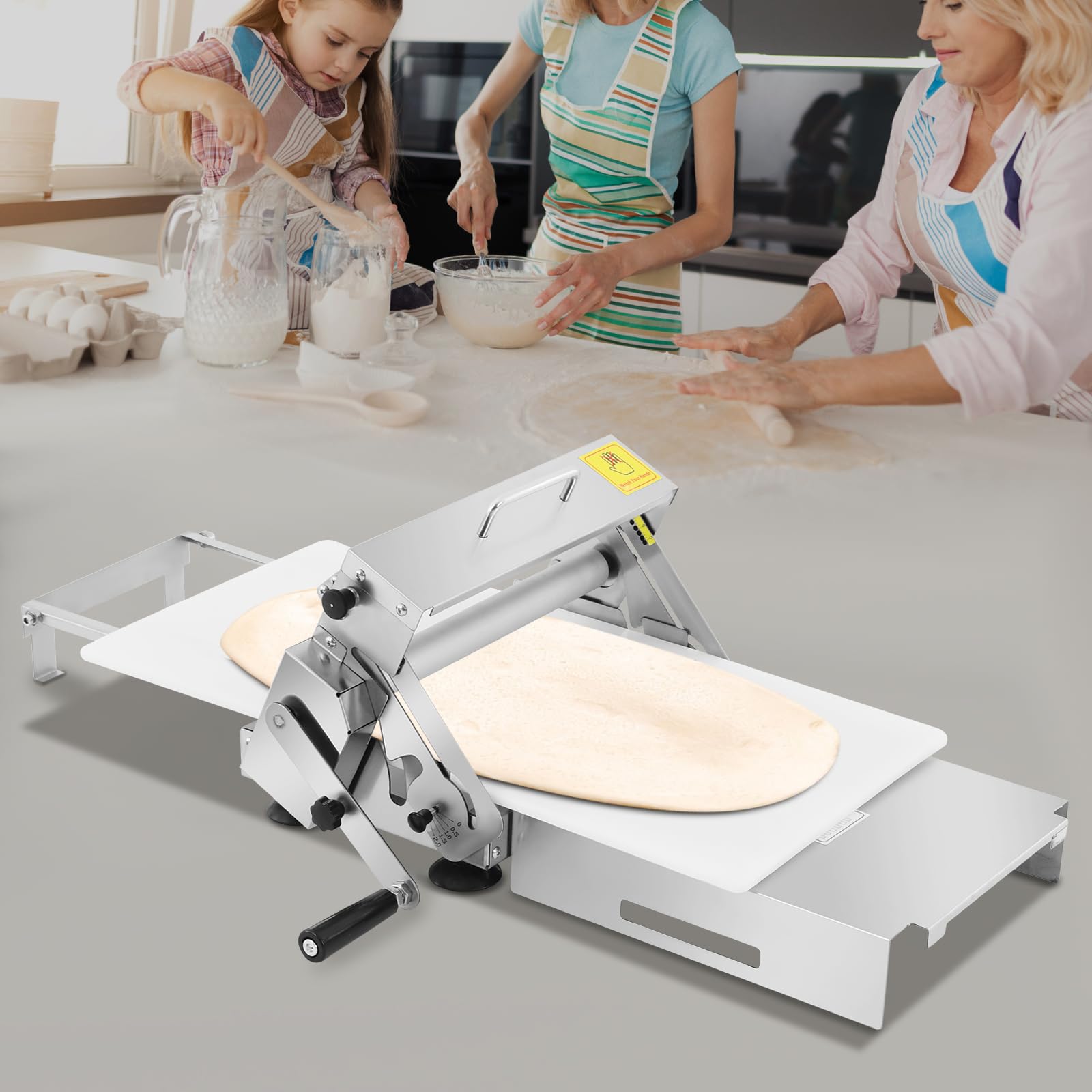Teigausrollmaschine, Edelstahl Manuell Teigausrollmaschine mit Einstellbarer Dicke, Pizza Teigausroller, Pizzateigroller, Manuelle Teigstärke, für Geschäfte und Food Courts