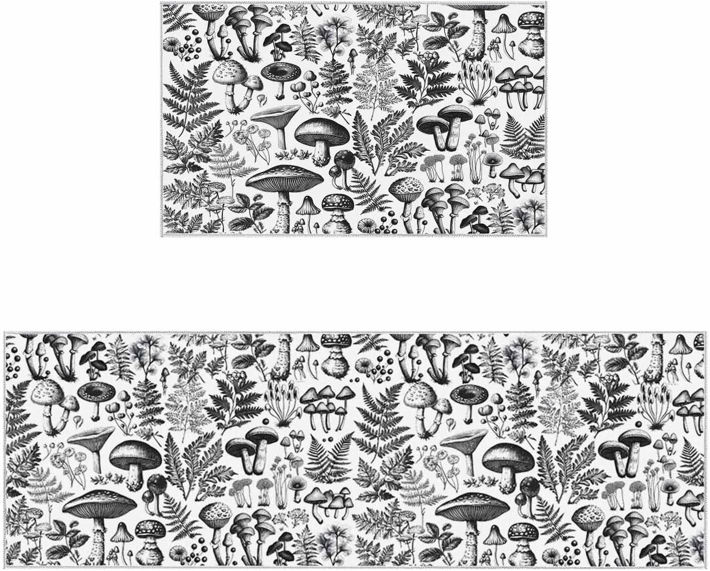 2 Pieces Kitchen Rugs and Mats,Watercolor Jungle Mushroom Leaf Area Runner Rug Set Non Slip Floor Doormat Washable Carpet Standing Mat for Kitchen Sink Indoor Corridor,Retro Farmhouse Wild Flower