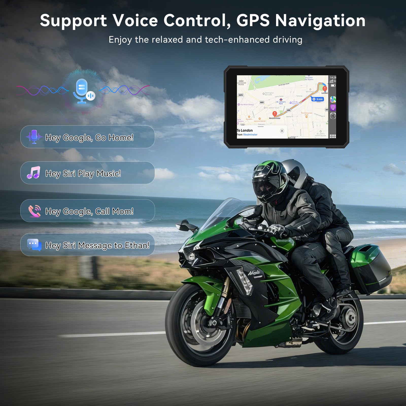 5 Pulgadas Pantalla Carplay de Motocicleta, IPX67 Impermeable, para CarPlay y Android Auto con Bluetooth Dual, Control de Voz, GPS, Detección de presión de neumáticos
