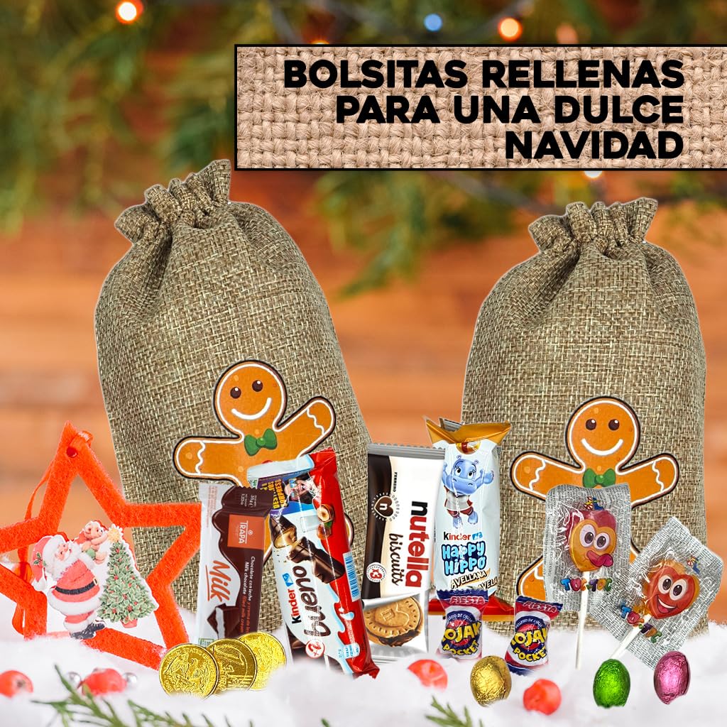 IAMI Pack 8 Bolsas de Lino de Navidad Rellenas de Chocolate y Chuches