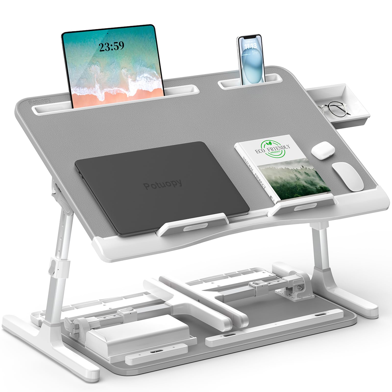 Laptop Bed Desk, Potuopy Leather Adjustable Height Angle Foldable Bed Table, X-Large Laptop Stand for Bed with Eco Wooden Board for Working Reading Eating on Bed Sofa Floor (Grey, 60 * 40cm)