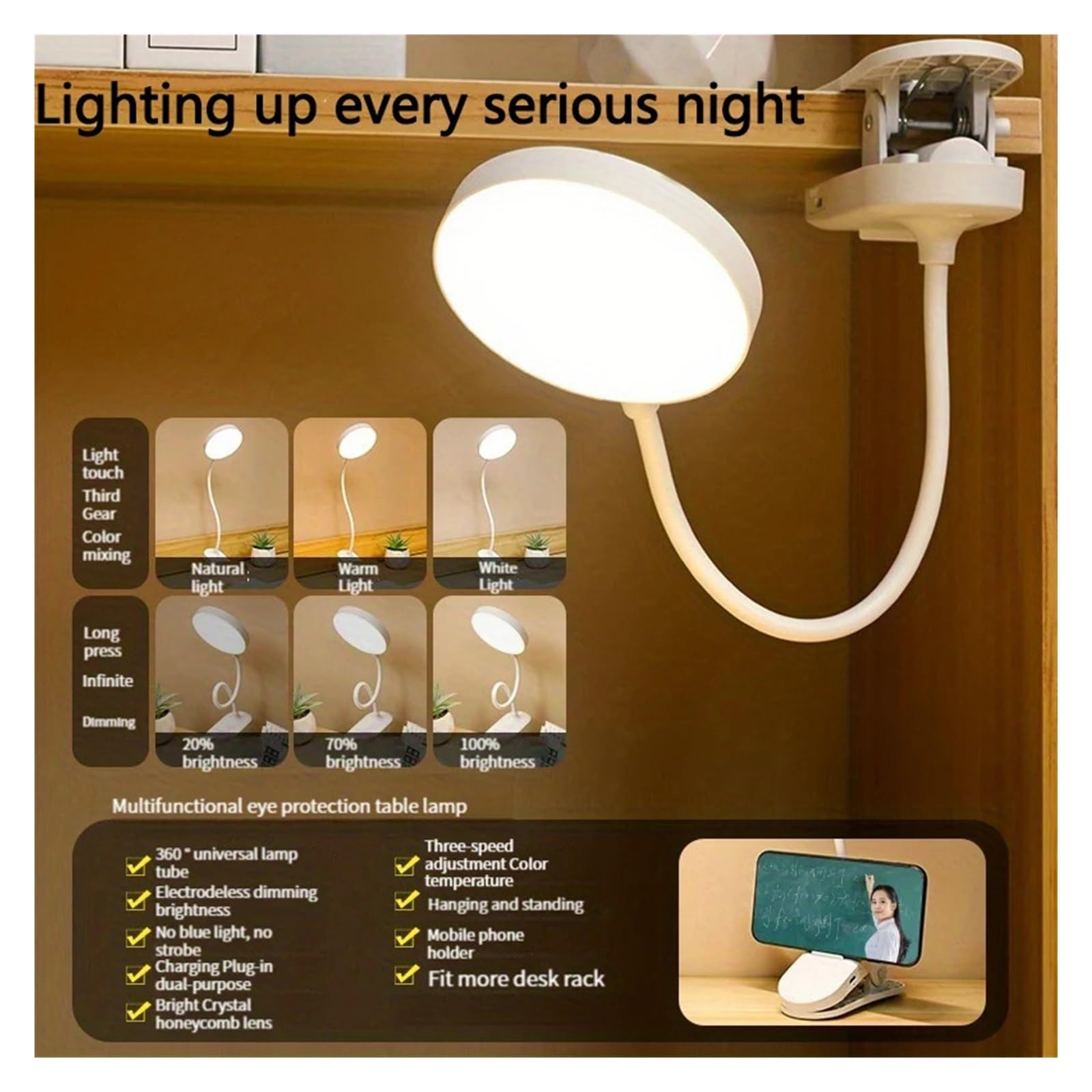 Lámpara de escritorio con clip recargable por USB | Temperaturas y luz de lectura LED regulable for estudio, oficina, dormitorio