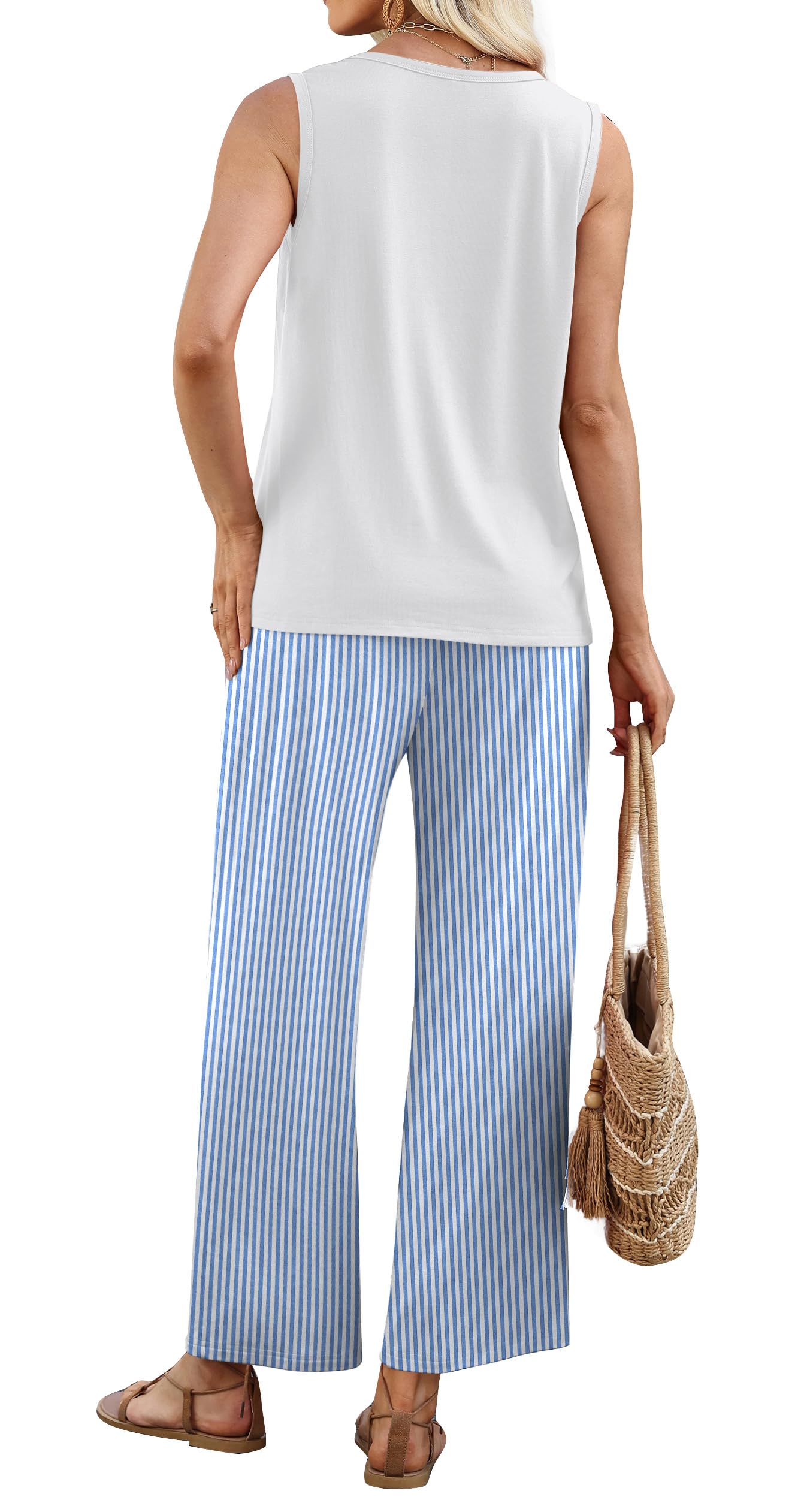 WIHOLL Two Piece Sets for Women Summer Spring Outfits Tank Square Neck Sleeveless Travel Vacation Lounge Wide Leg Pants Set — view 5