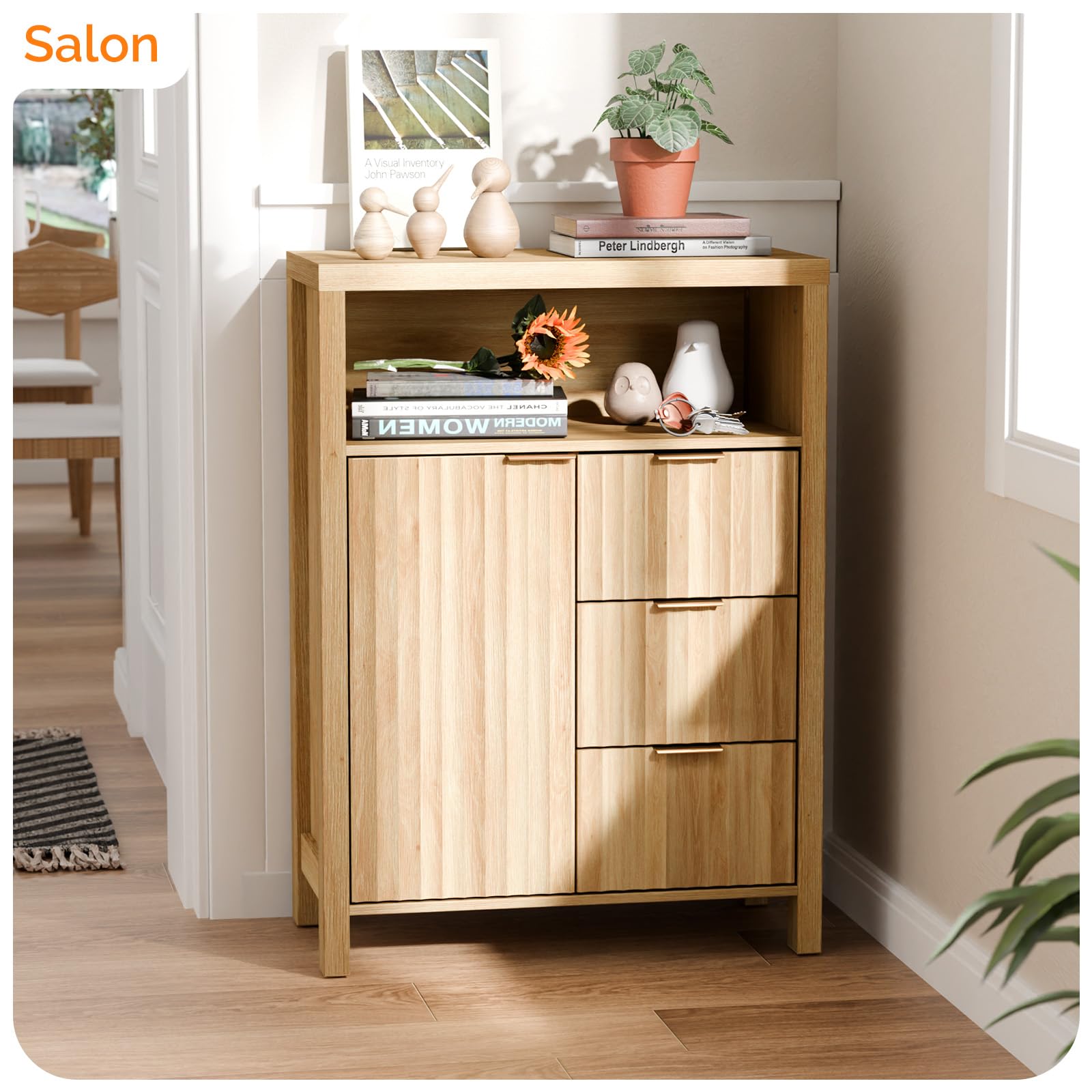 Bonnlo Meuble de Rangement, Armoire de Rangement en Bois avec 1 Compartiment Ouvert, Meuble sur Pied avec 4 Tiroirs, Commode pour Cuisine, Entrée, Salle de Bain, Chêne, 59 x 30 x 81 cm