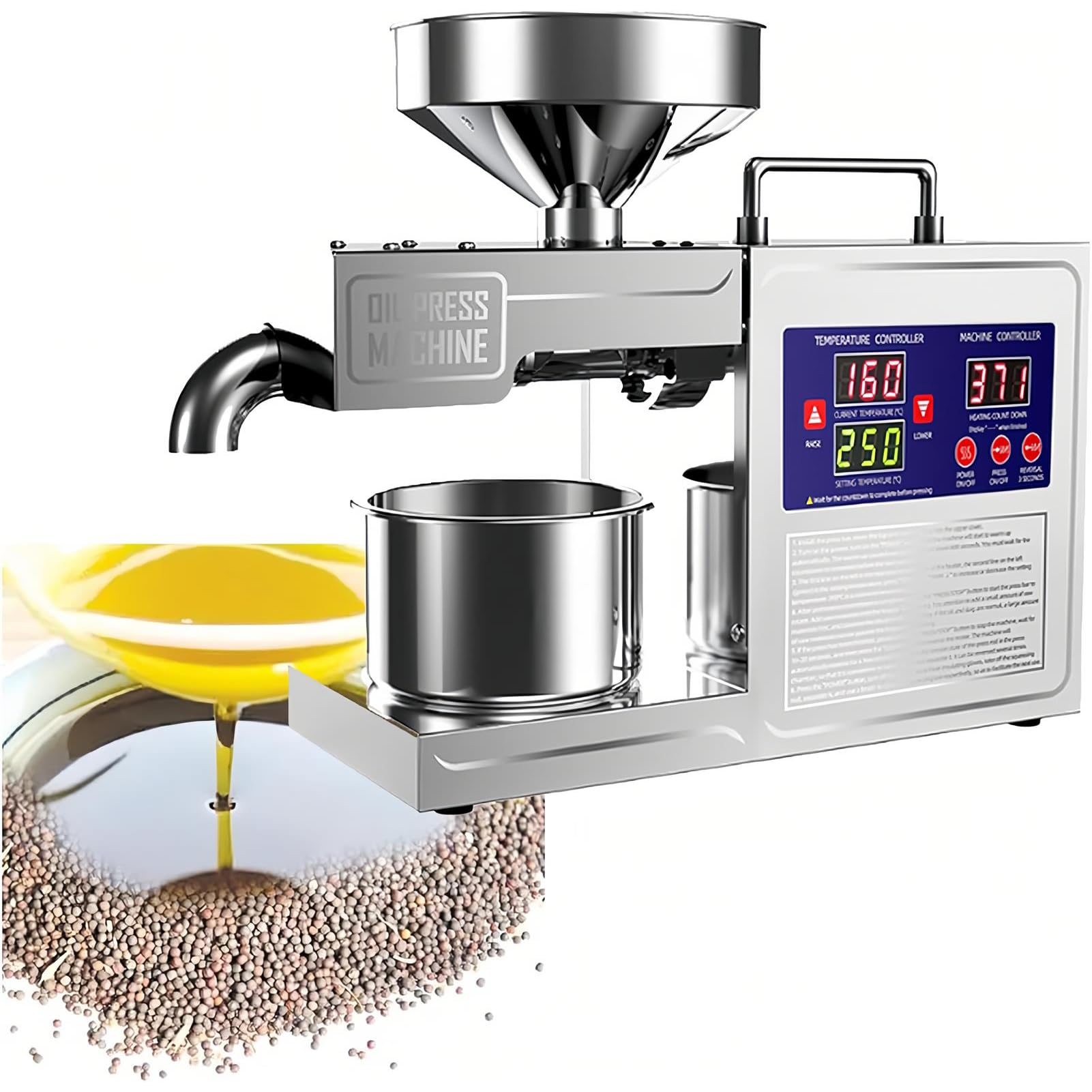 HCZKIUJY Electric Oil Press Machine, Hot/Cold Automatic Extractor, Grade Stainless Steel, for Peanut Sesame Flaxseed Walnut (Silver)