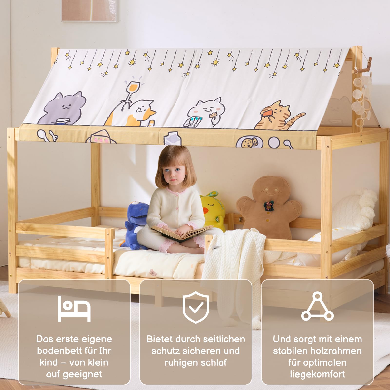 LEADZM Kinderbett Bodenbett 90x200 cm, Kinder Bett Mit Stoffhimmel | Kinderbetten inkl. Rausfallschutz & Lattenrost, Bodenbett Kinder bis 200 kg (90x200 cm，Natur)