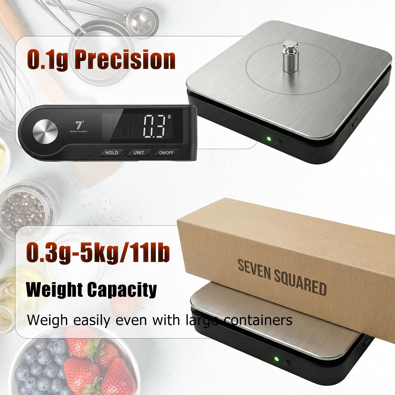 Digitale Küchenwaage mit zwei Funktionen, abnehmbarer LED-Anzeige und integriertem Thermometer, 5 kg, hochpräzise 0,1 g, Edelstahl-Lebensmittelwaage zum Kochen und Backen, Tara-Funktion, 5 Einheiten
