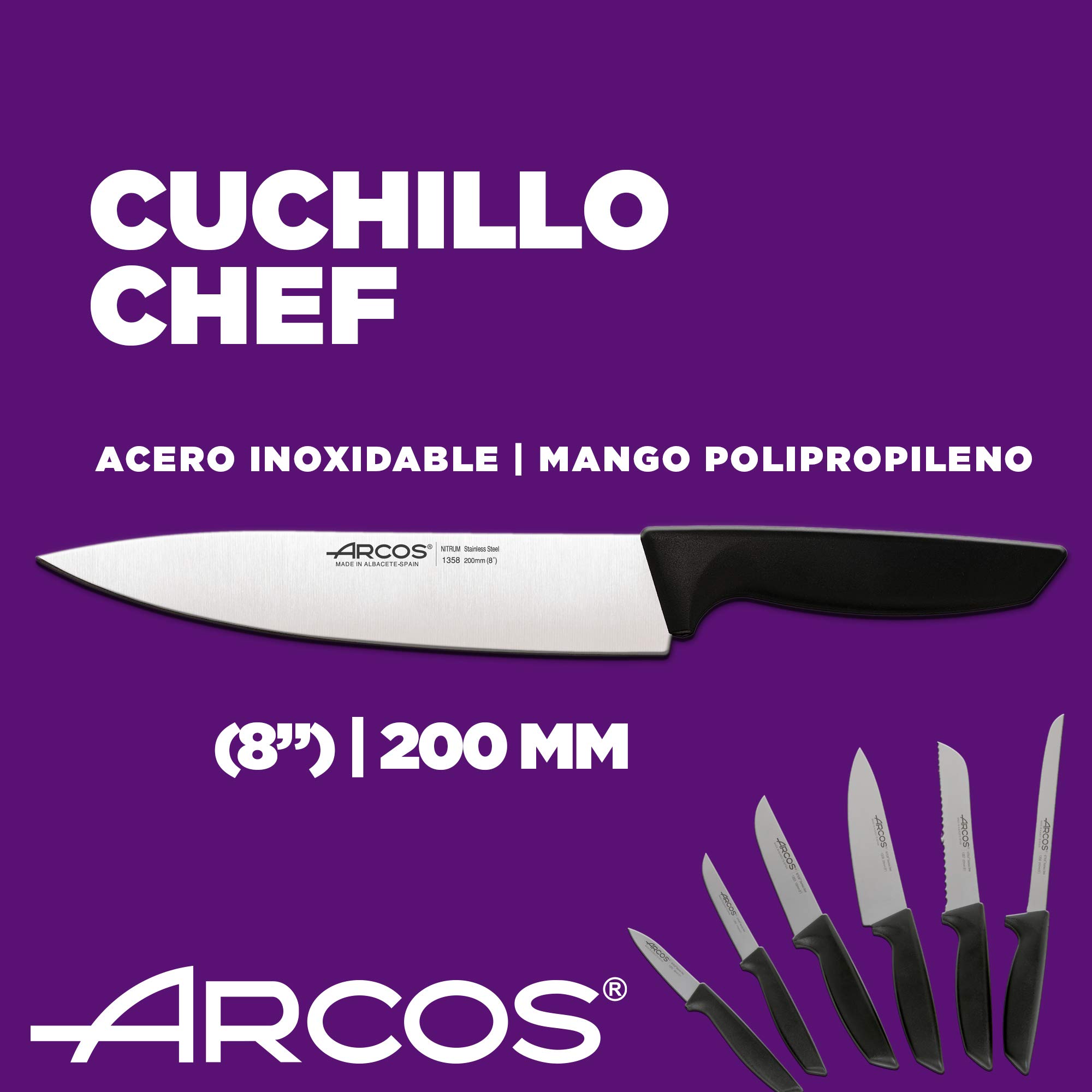 Arcos Jeu de couteaux de cuisine professionnels | Couteaux de cuisine professionnels | 6 pièces | Couteaux en acier inoxydable Poignée noire | Ustensiles de cuisine série Nice | Passe lave-vaisselle