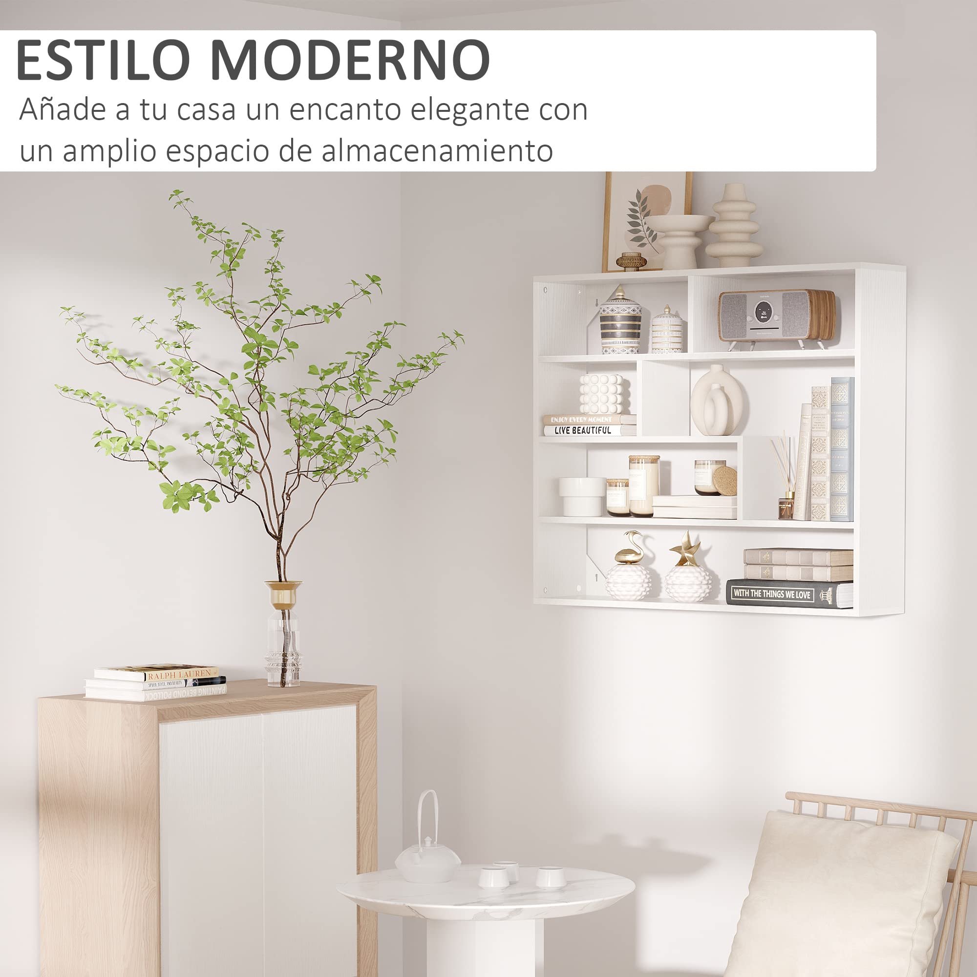 HOMCOM Estantería de Pared 4 Niveles Balda Flotante 94x19,5x80 cm Blanco | 7 Compartimientos Abiertos, para Salón Dormitorio Oficina, Estilo Moderno