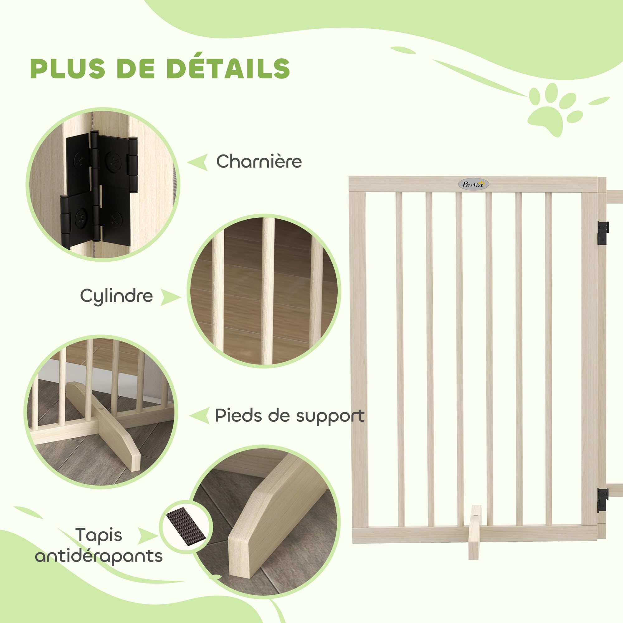 PawHut Barrière de Sécurité pour Chien, Barrière de Protection Modulable Pliable à 4 Panneaux, Clôture pour Animal Domestique en Bois avec Pieds de Support - Dim. 206 x 35,5 x 76 cm Bois Naturel