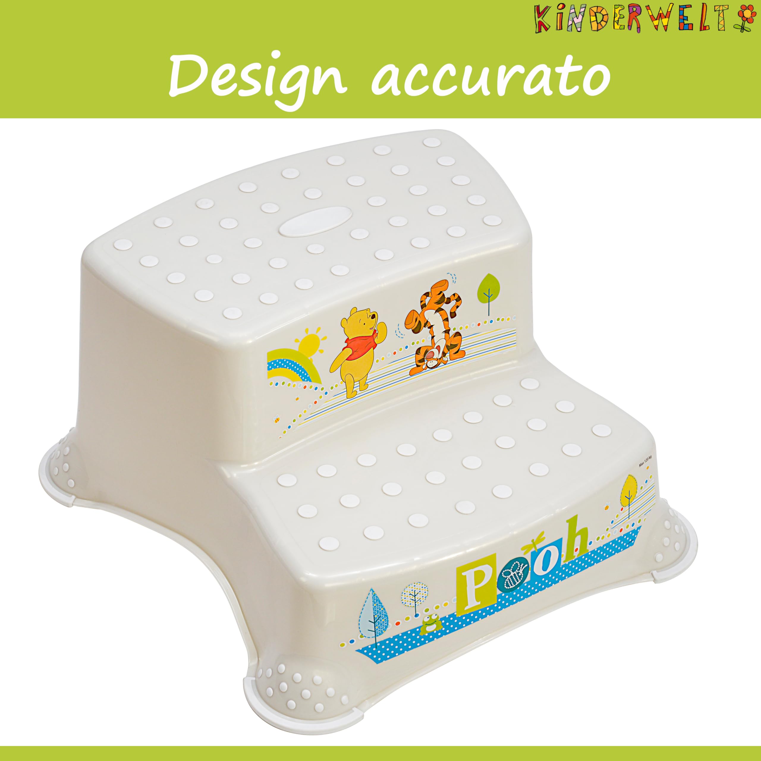 KINDERWELT bianco perla Premium sgabello a due gradini Disney Winnie the Pooh sgabello stabile per bambini con funzione antiscivolo bianco perla con grana unica piacevole effetto glitter individuale
