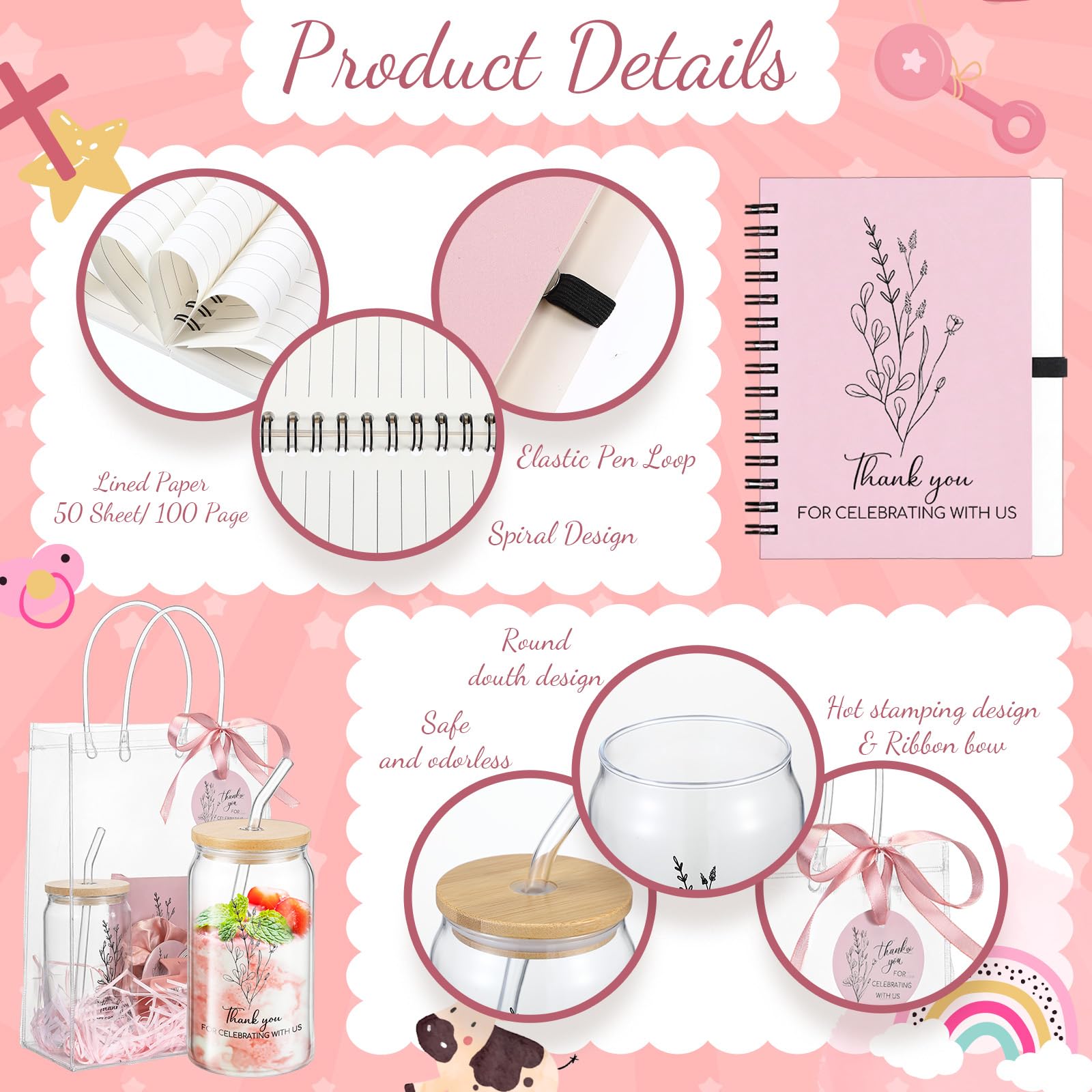 Zeyune 6 juegos de premios para baby shower para juegos, bodas, despedidas de soltera, regalos de fiesta de bebé, incluyendo cuadernos de cristal, bolígrafo, espejo, horquillas, bandas para el pelo