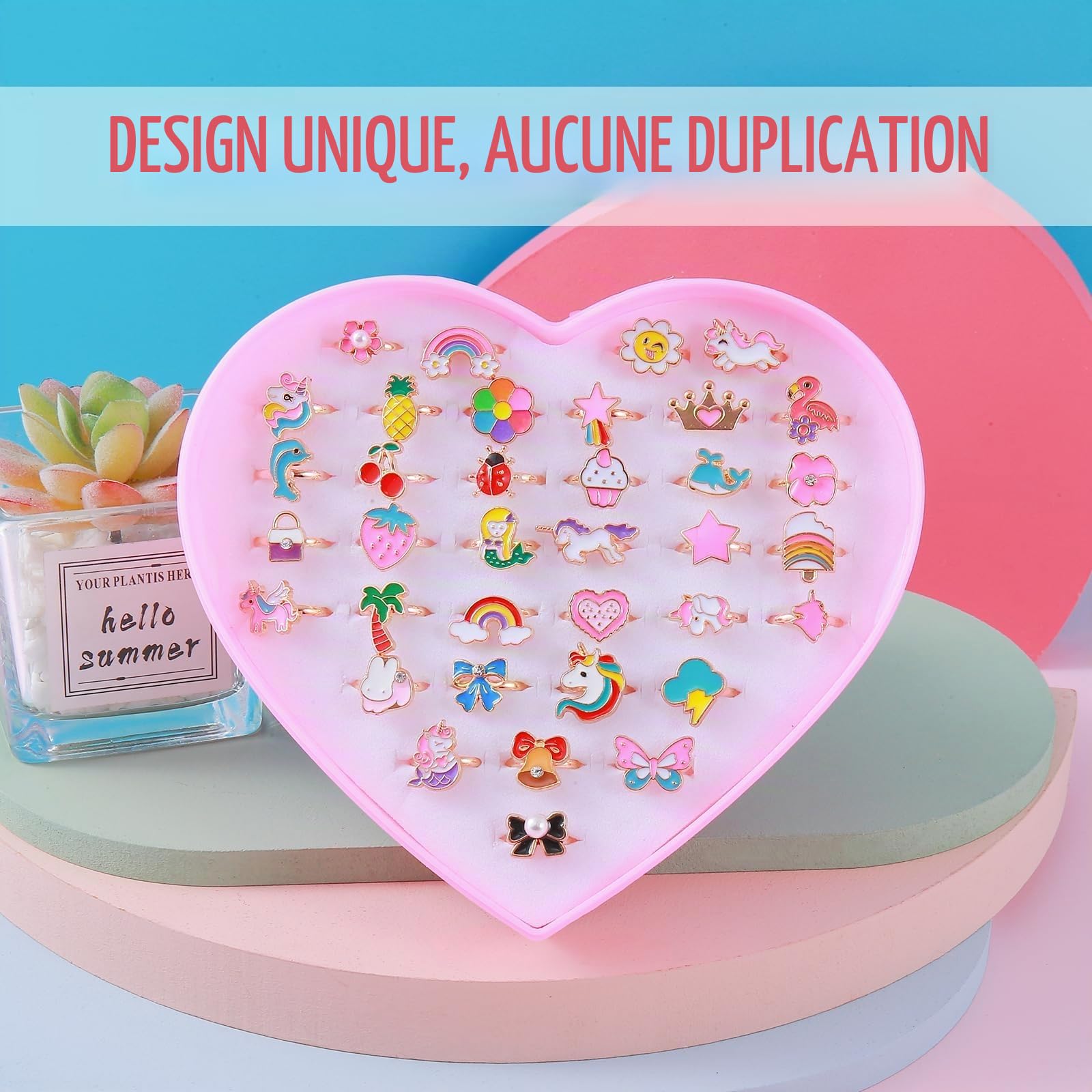 Bagues Enfant Fille Réglables en Métal Coloré, Dessin animé Motifs Aléatoires, Cadeau 4-12 Ans, Boîte Cœur Rose